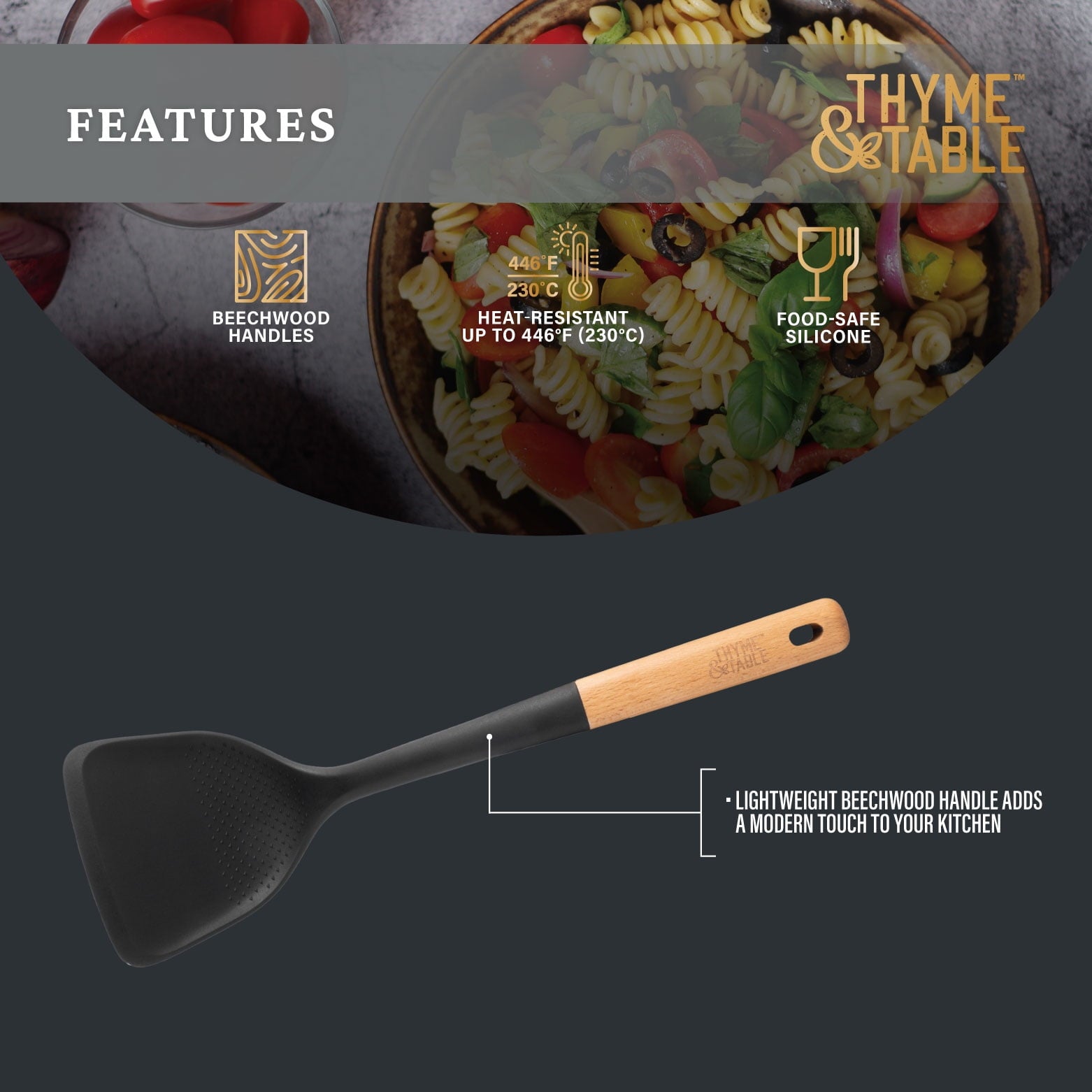 Thyme &amp; Table Food-Safe Silicone Turner with Beechwood Handle, Black
