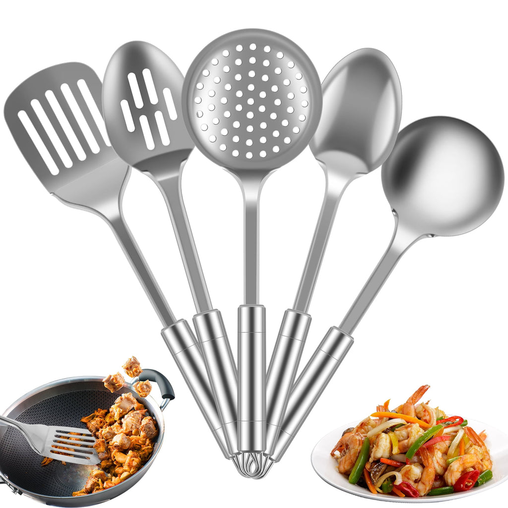 cooking utensils sets 5pcs Metal Stainless Steel Utensil for Cooking Kitchen Cooking Utensils Set Kitchen Gadgets Tools Set Spoons Spatula Sets with Handle Hanging Hole