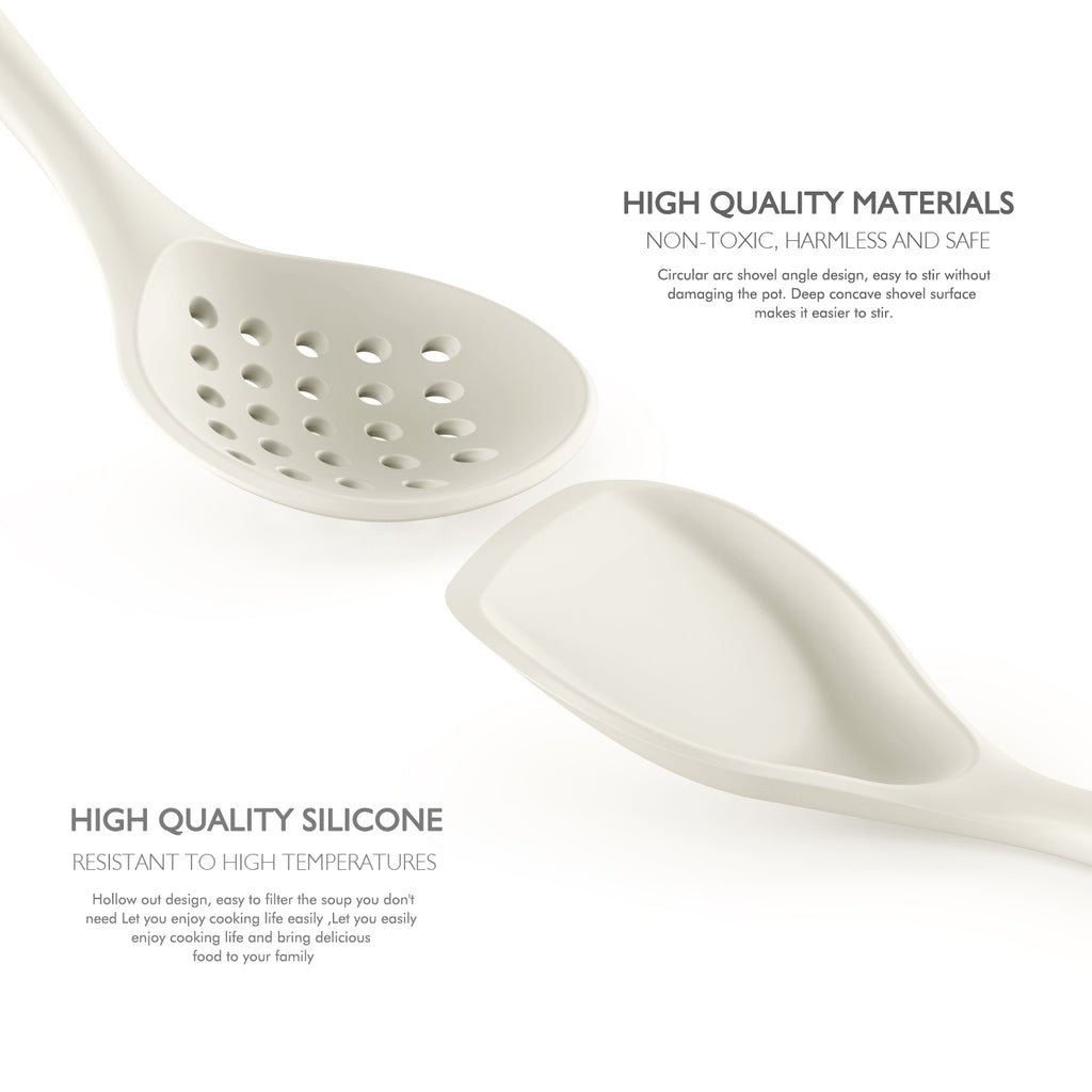 Large Silicone Cooking Utensils - Kitchen Utensil Set with Wooden Handles, Spatula,Turner, Slotted Spoon, Pasta server, Kitchen Gadgets Tools Sets for Non-Stick Cookware (Khaki)