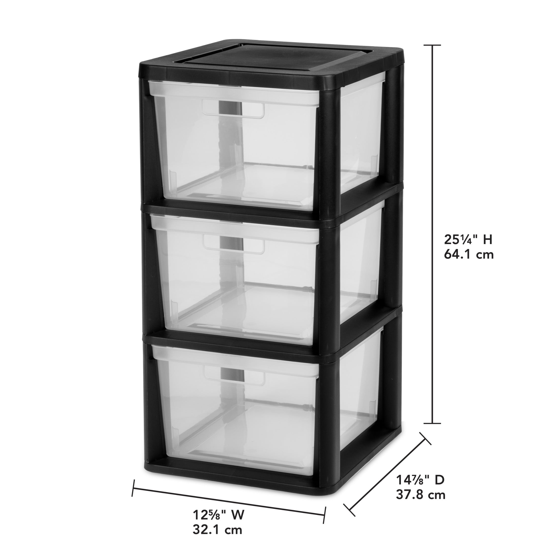 Medium 3 Drawer Tower, with Removable Clear Plastic Storage Bins, Tool-Free, Black