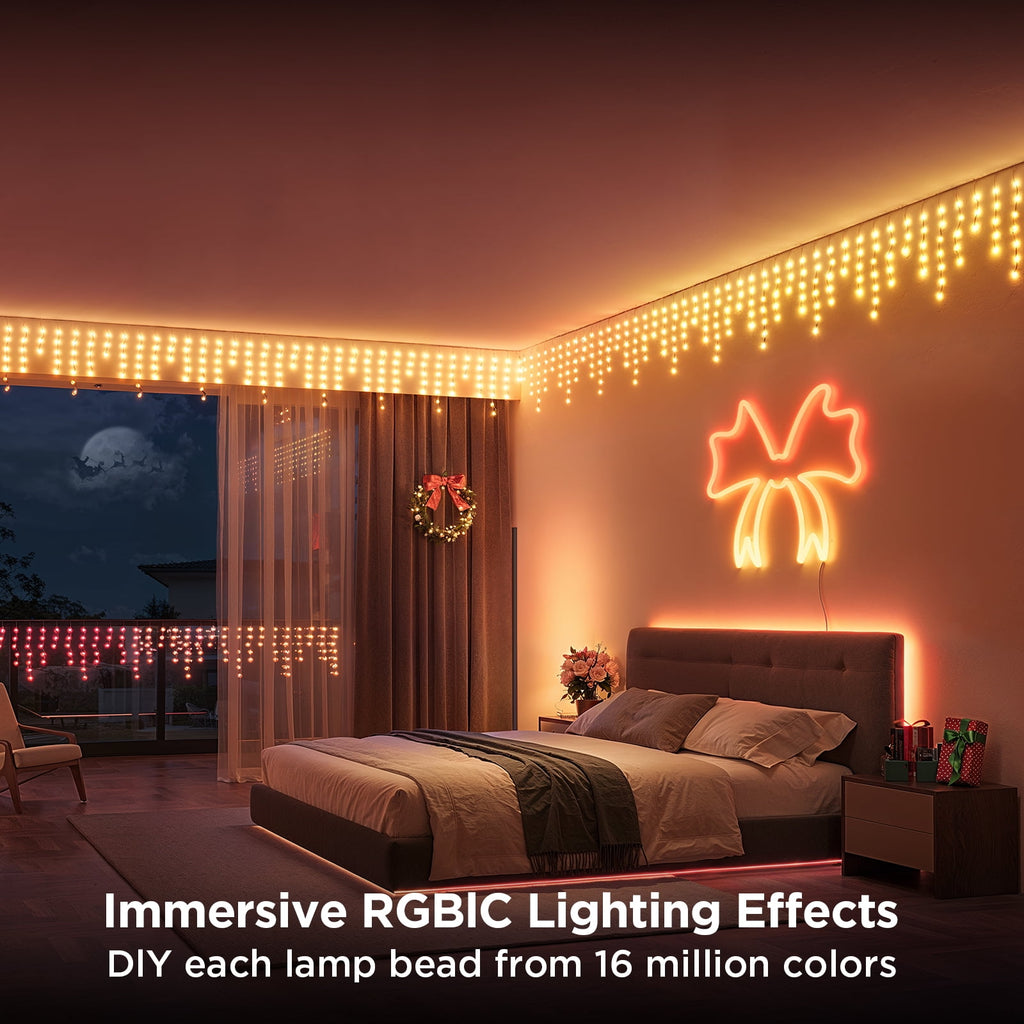 Smart RGBIC Christmas Icicle Lights,H80D1AD1,Holiday Decoration With Over 78 Preset Dynamic Scene Modes,Waterproof String Lights, Corded Electric,Matter,Google Control,32.8ft