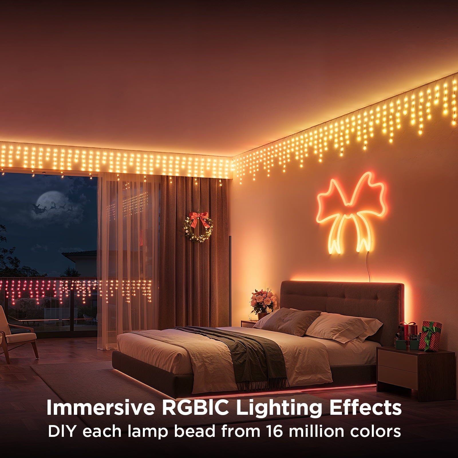 Smart RGBIC Christmas Icicle Lights,H80D1AD1,Holiday Decoration With Over 78 Preset Dynamic Scene Modes,Waterproof String Lights, Corded Electric,Matter,Google Control,32.8ft