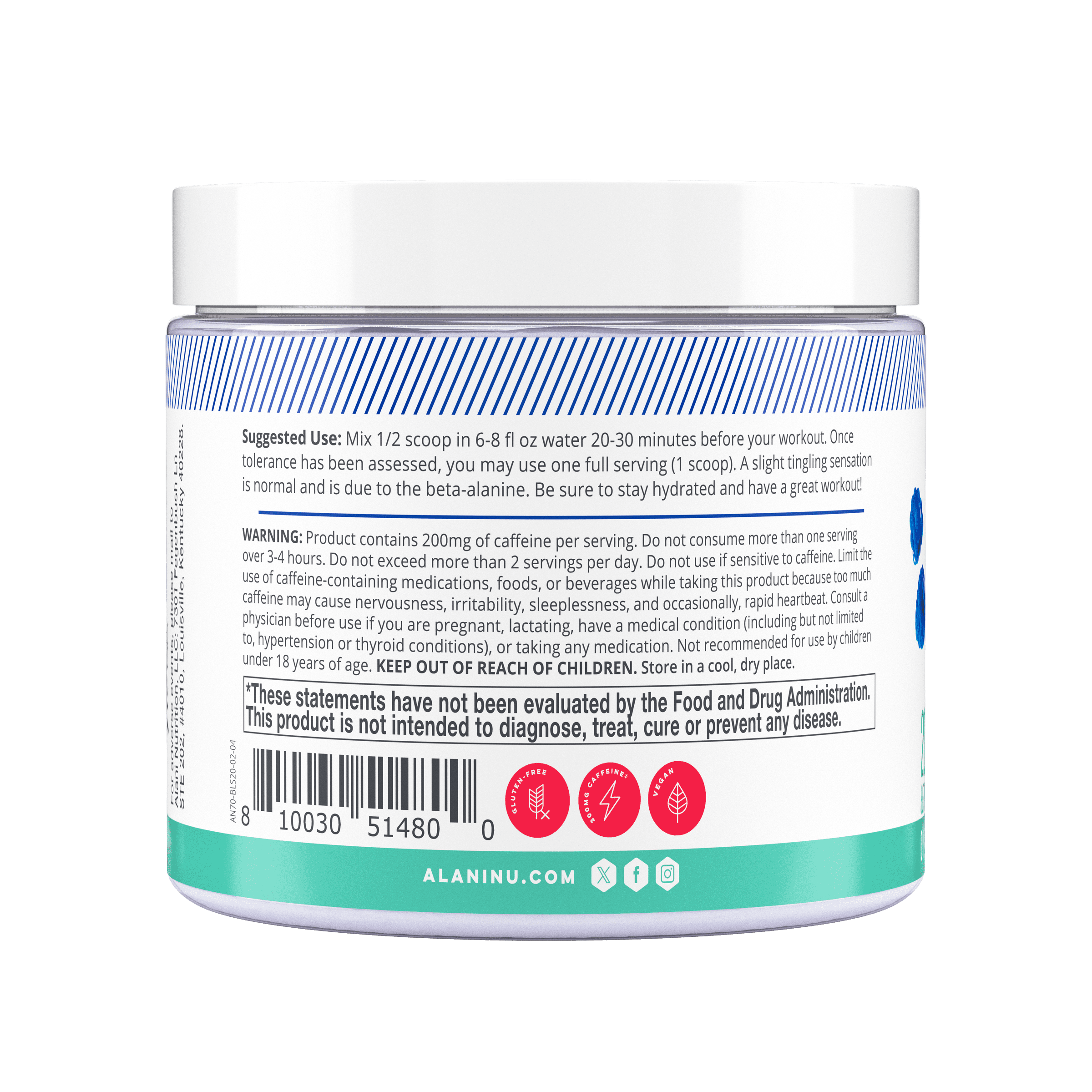 Pre-Workout Powder, Blue Slush, 20 Servings, 200mg Caffeine