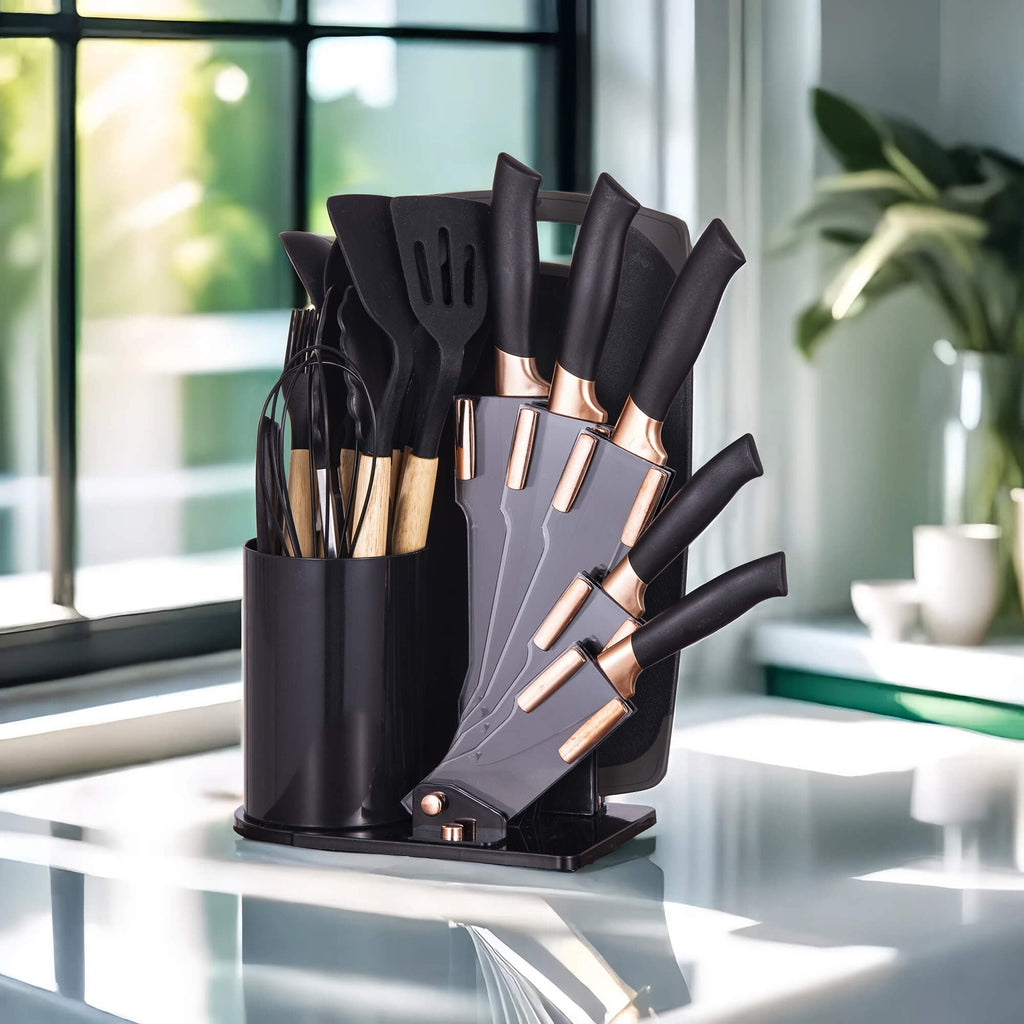 19-Piece Silicone Kitchen Utensil &amp; Knife Set - Heat-Resistant Cooking Tools Non-Stick Safe Gift for Mom or Women Black