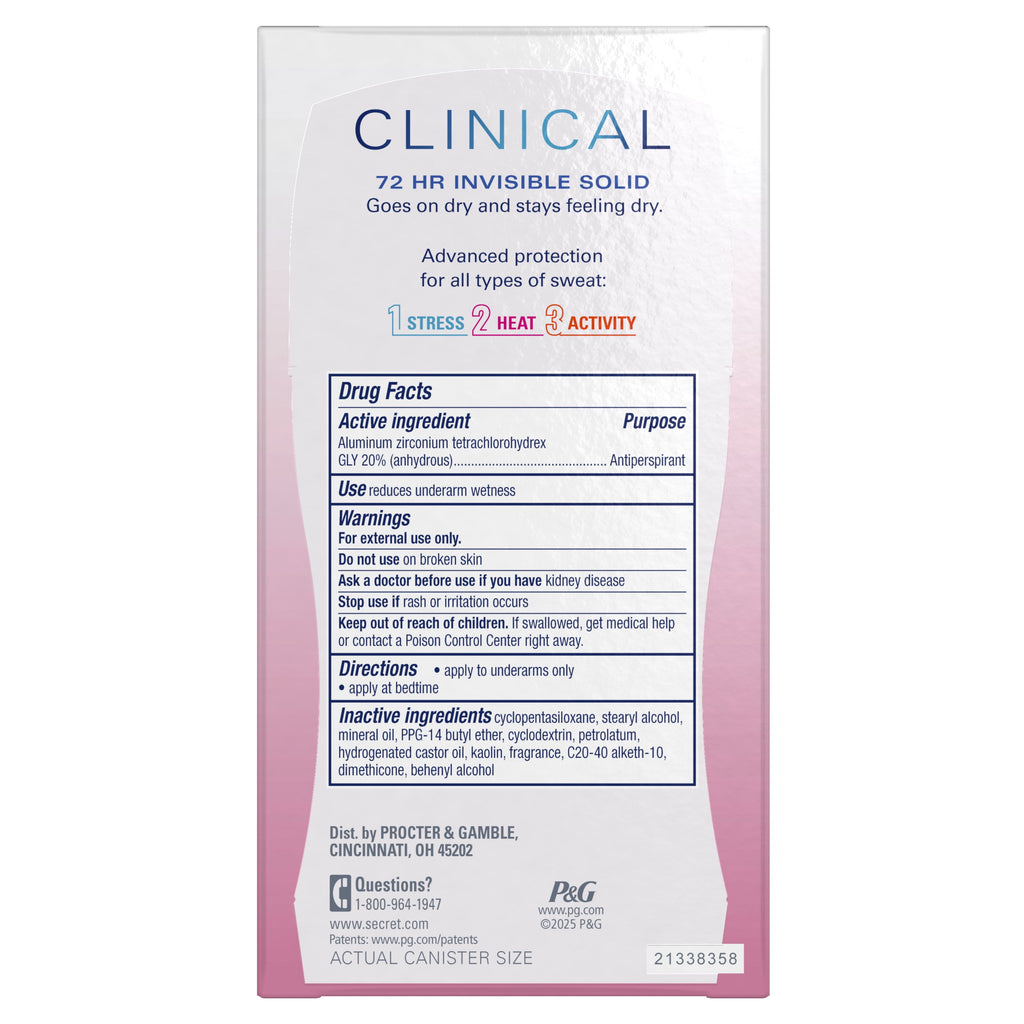 Clinical Antiperspirant Deodorant for Women, 100HR Sweat &amp; Odor Protection, Hyaluronic Acid, Invisible Solid, Stress Response, 2.6 oz