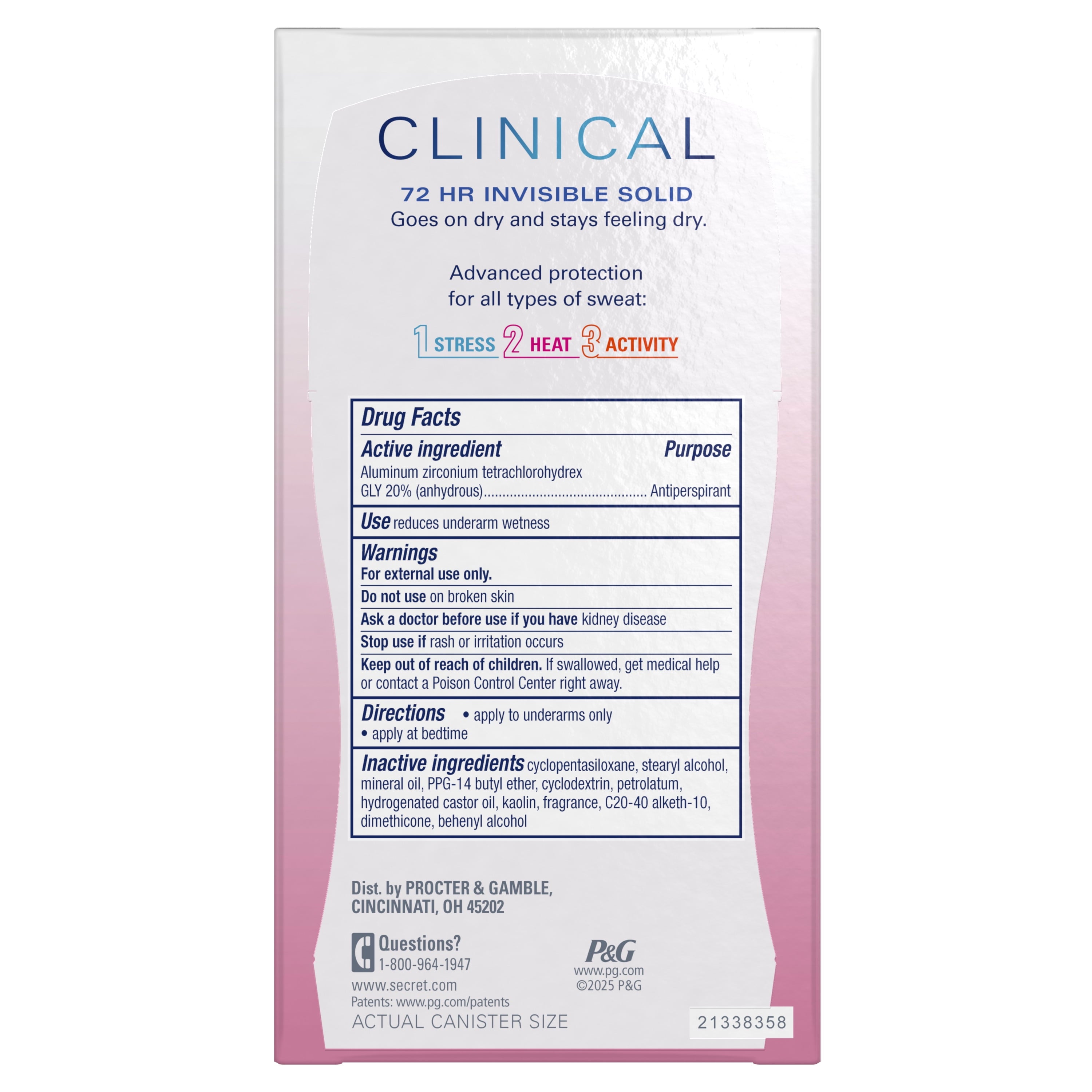 Clinical Antiperspirant Deodorant for Women, 100HR Sweat &amp; Odor Protection, Hyaluronic Acid, Invisible Solid, Stress Response, 2.6 oz