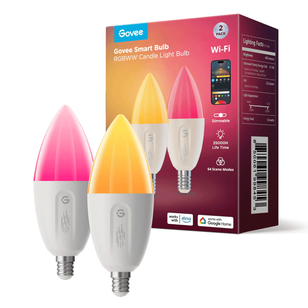 Smart Candle LED Bulb,RGBWW Millions of Colors Changing Effect, 450LM,Voice Control,Support Alexa,Google Assistant,Matter,2 Packs