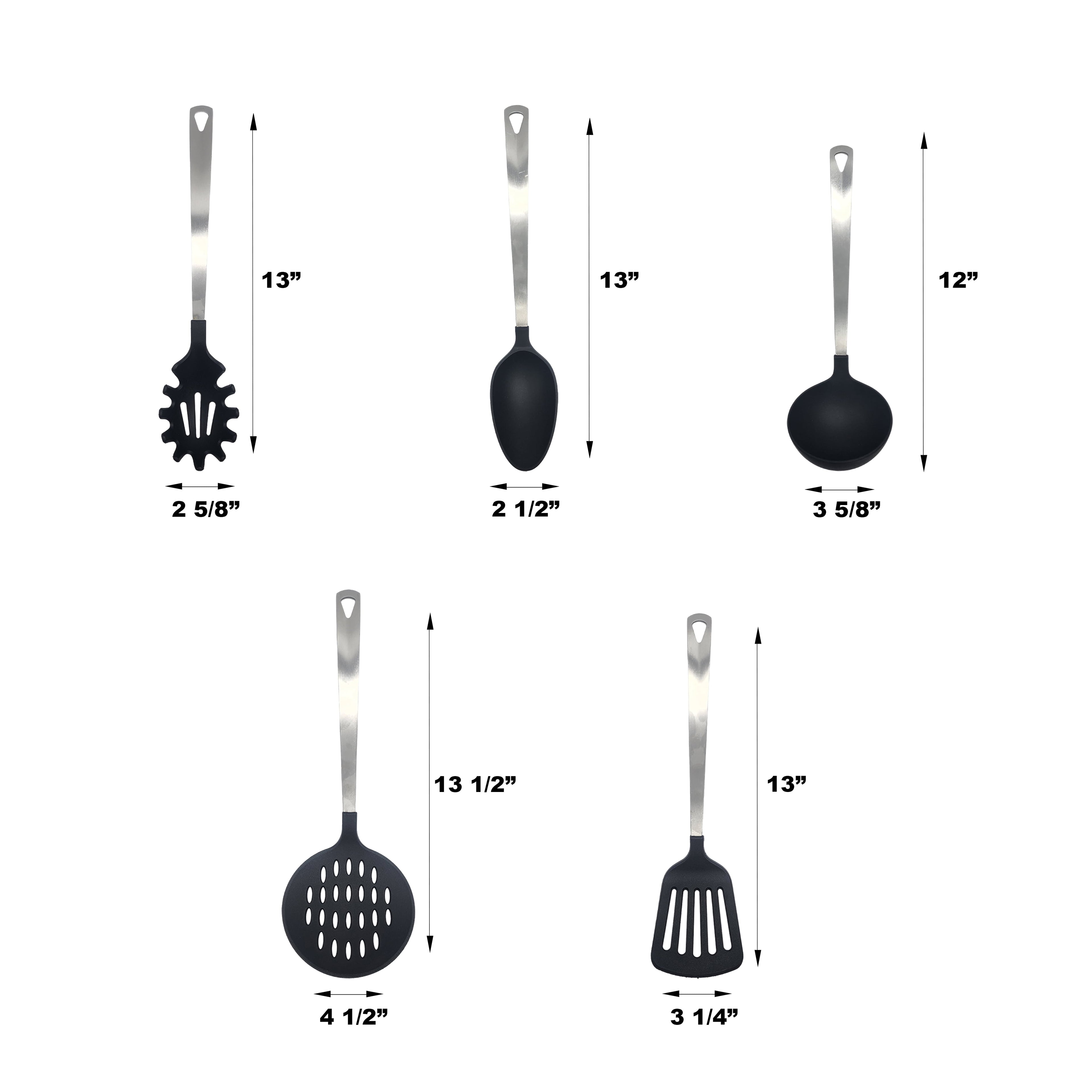 Stainless Steel and Nylon Kitchen and Cooking Utensil Set, Spoon, Spatula, Ladle, Pasta Spoon and Skimmer Assorted Colors