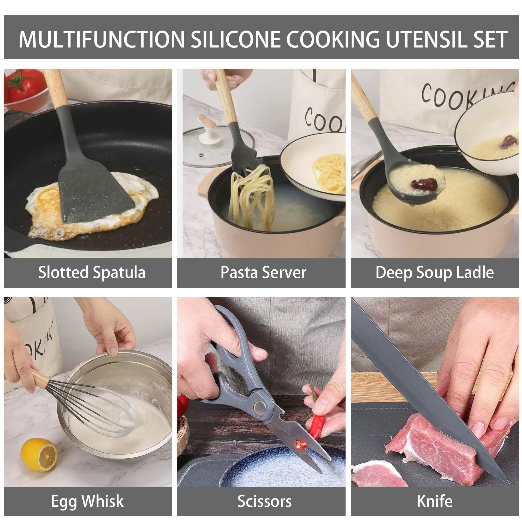 19-Piece Silicone Kitchen Utensil &amp; Knife Set - Heat-Resistant Cooking Tools Non-Stick Safe Gift for Mom or Women Black