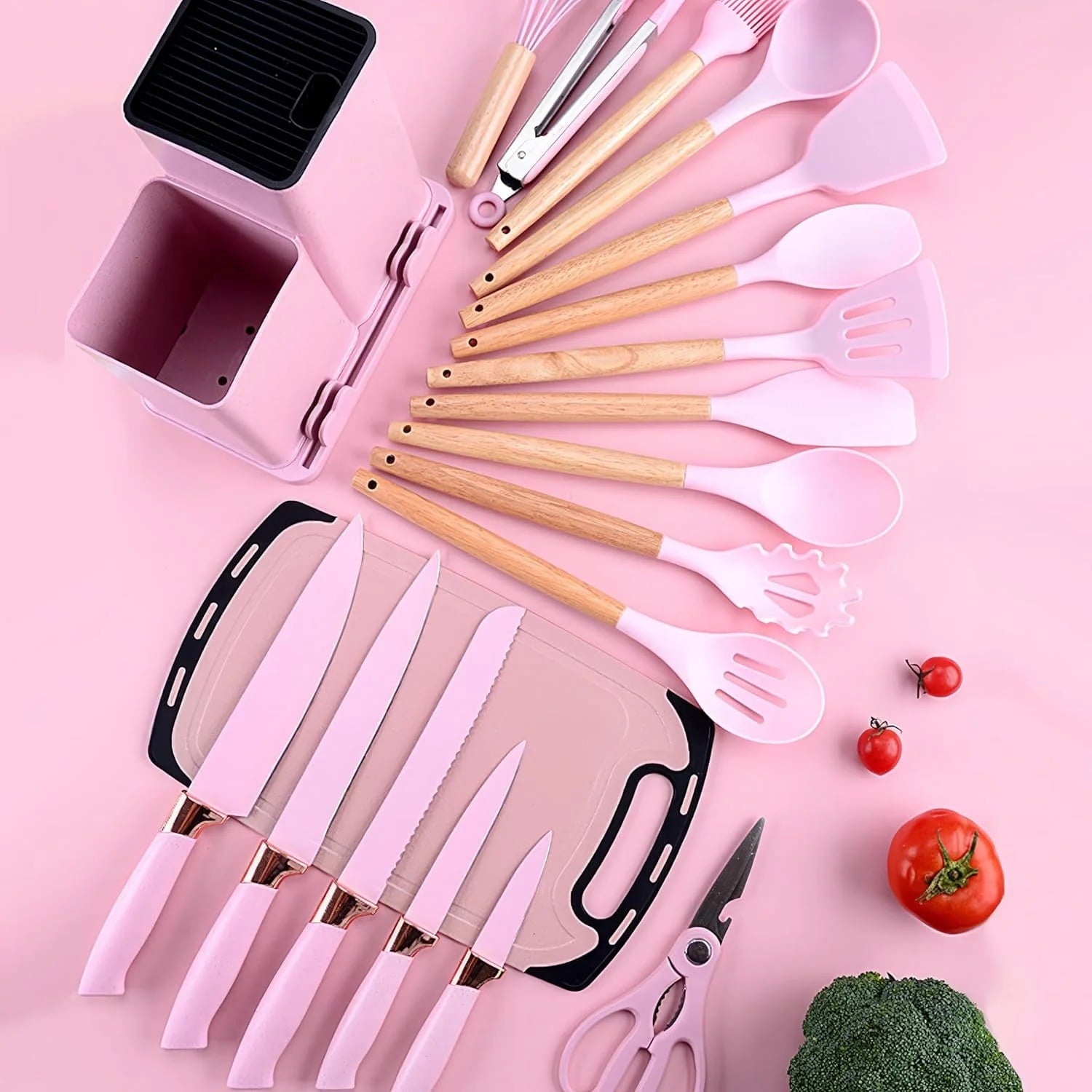 Silicone Cooking Utensils Set, BPA Free Pink Baking Tools Kitchen Knife 19 Pc