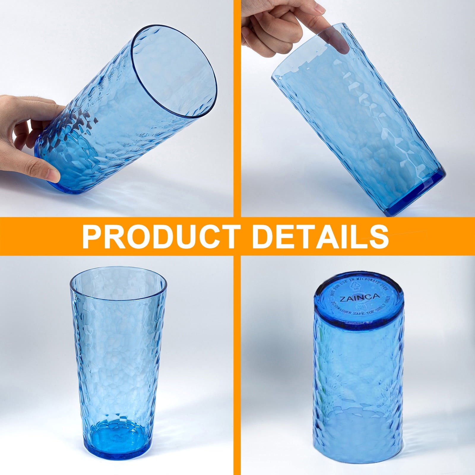 Hammered 24 ounce Plastic Drinking Tumbler Acrylic Glasses, Set of 8 Multicolor