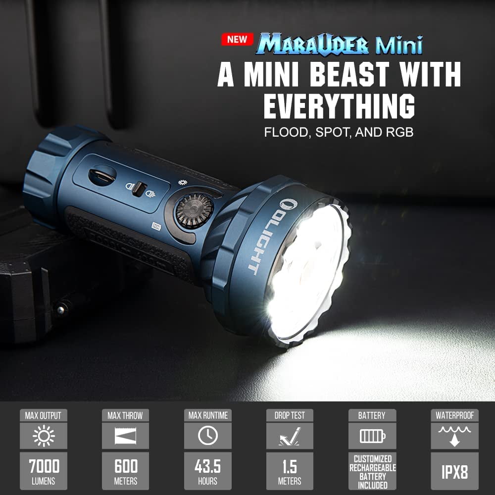 Marauder Mini 7,000 Lumens Bright Flashlight with 600 Meters Beam Distance, Powerful RGB Lights, Magnetic Rechargeable for Outdoors Work, Hunting, and Searching(Midnight Blue)