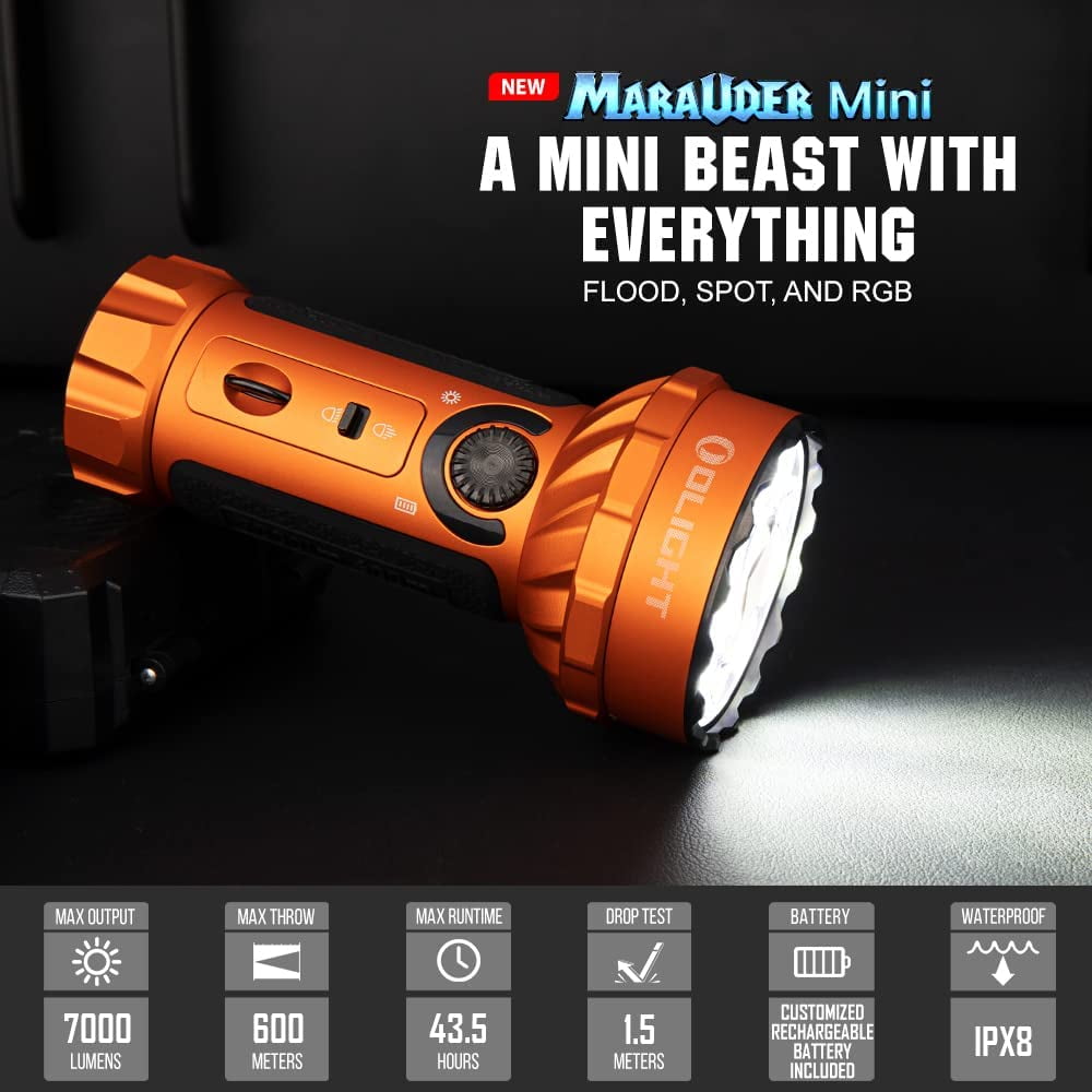 Marauder Mini 7,000 Lumens Bright Flashlight with 600 Meters Beam Distance, Powerful RGB Lights, Magnetic Rechargeable for Outdoors Work, Hunting, and Searching(Midnight Blue)