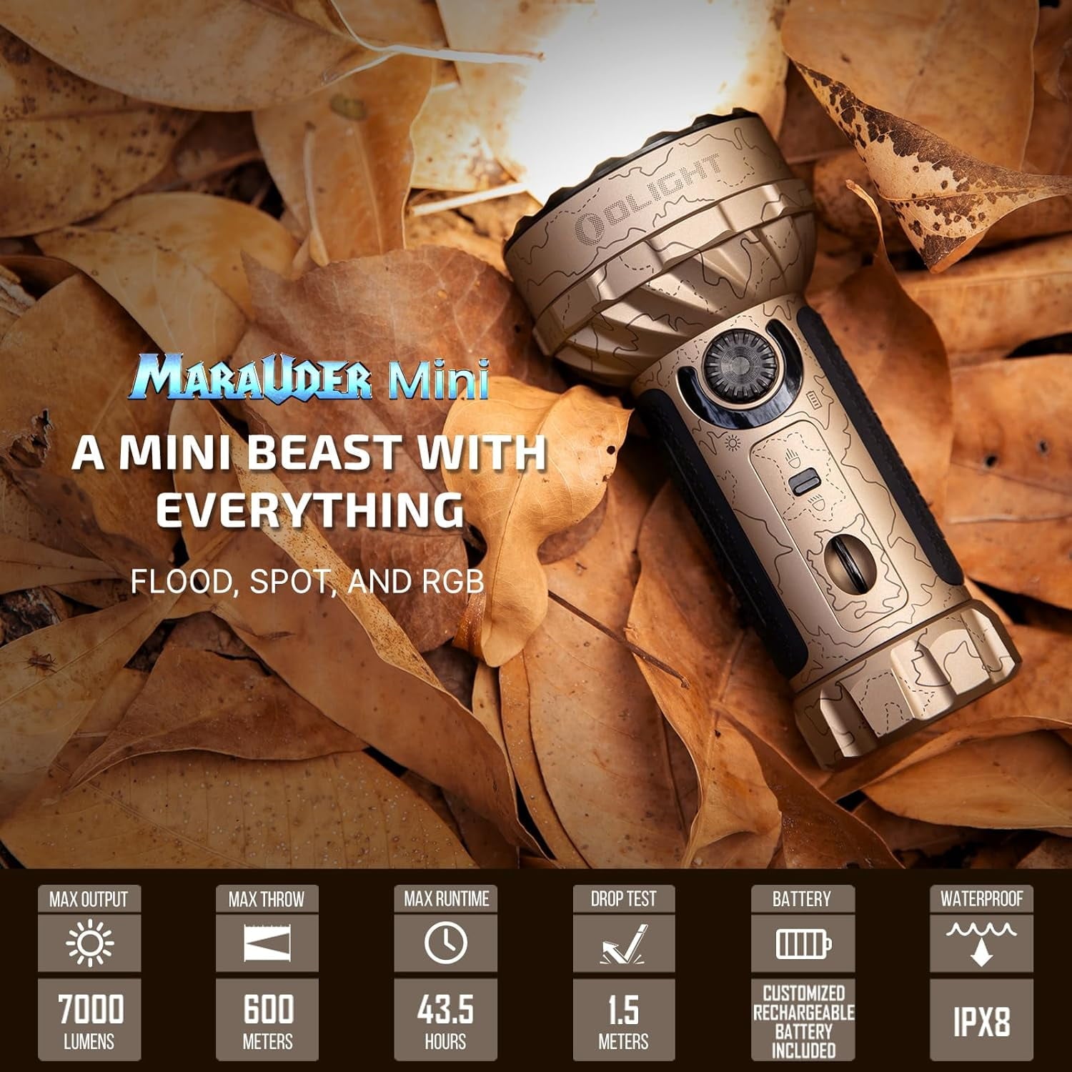 Marauder Mini 7,000 Lumens Bright Flashlight with 600 Meters Beam Distance, Powerful RGB Lights, Magnetic Rechargeable for Outdoors Work, Hunting, and Searching(Midnight Blue)