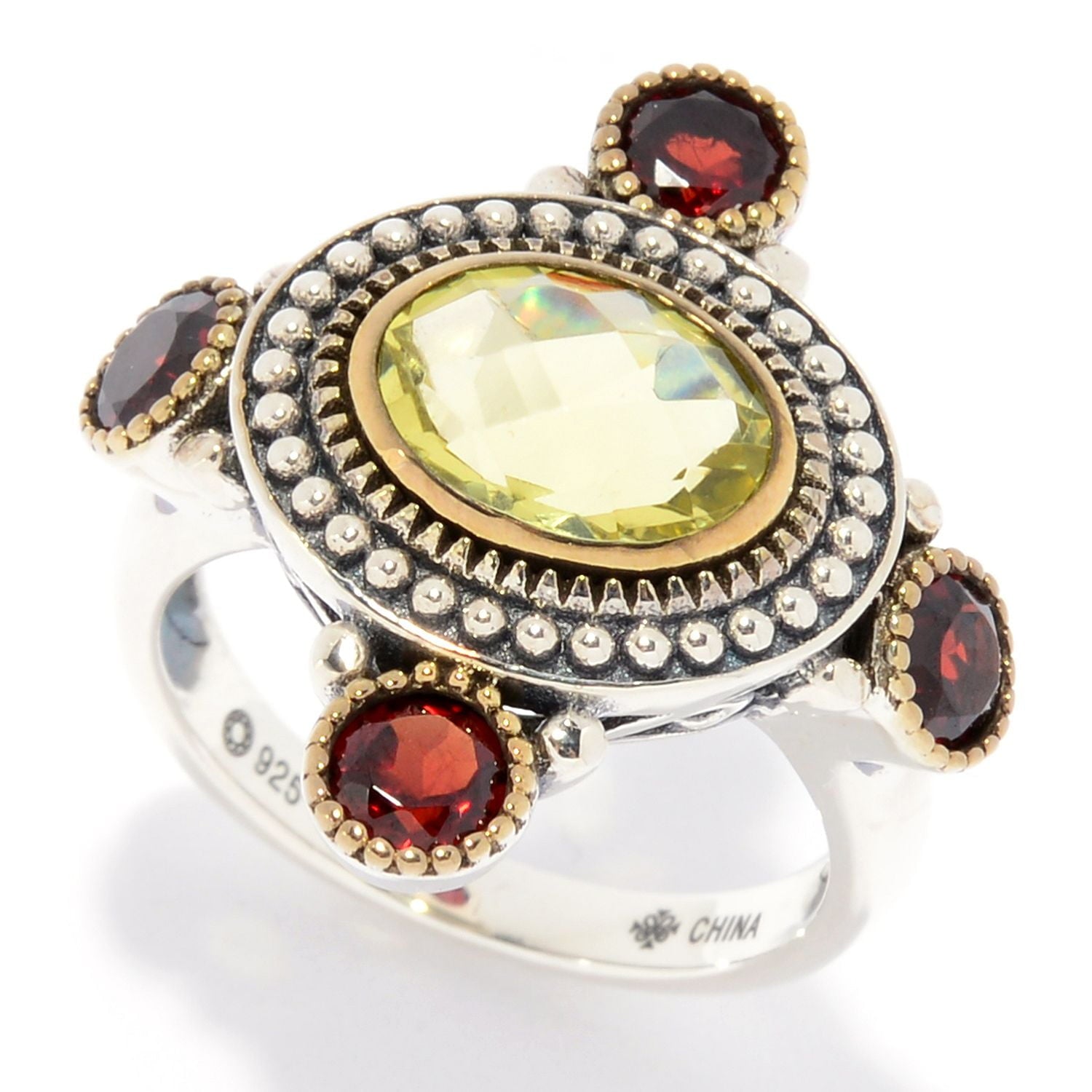 Silver 925 Red Garnet,Ouro Verde Ring