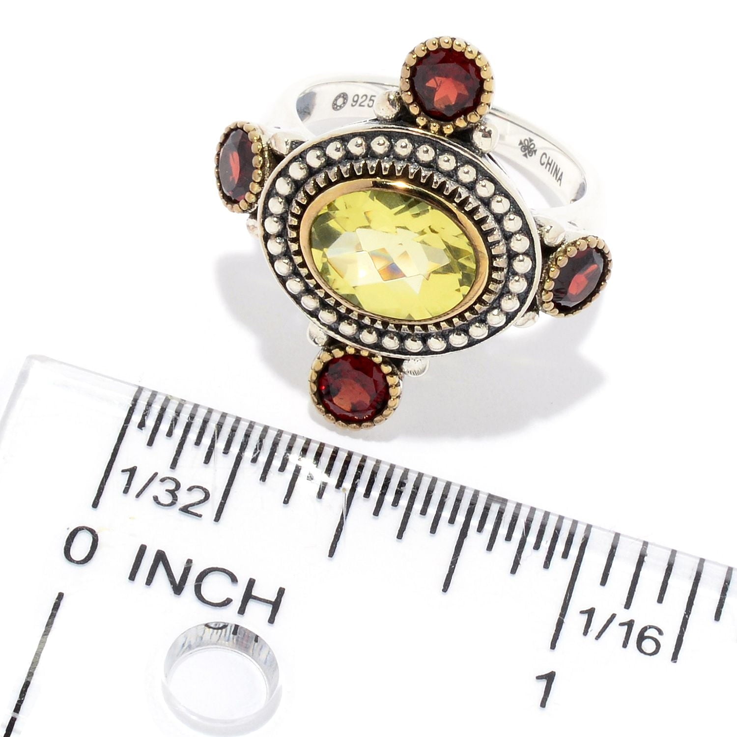 Silver 925 Red Garnet,Ouro Verde Ring