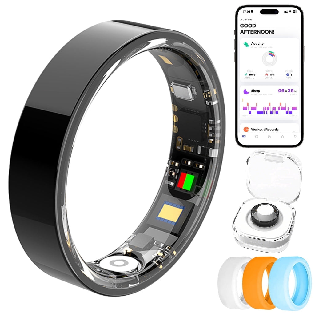 &amp; Fitness Tracking Ring, 7-Day Battery, Heart Rate Sleep Monitor, No Subscription, IP68 Waterproof, Stainless Steel - Size 7, Black