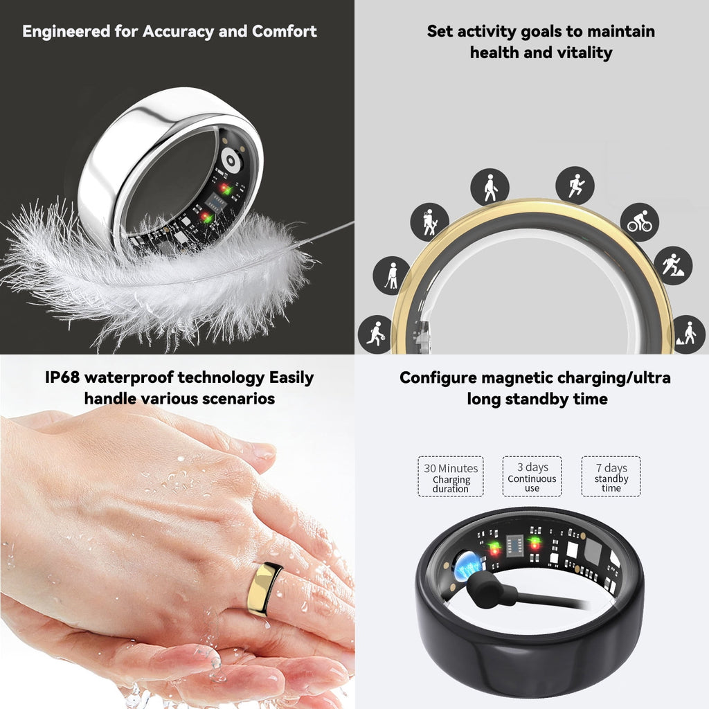 &amp; Fitness Tracking Ring, 7-Day Battery, Heart Rate Sleep Monitor, No Subscription, IP68 Waterproof, Stainless Steel - Size 7, Black