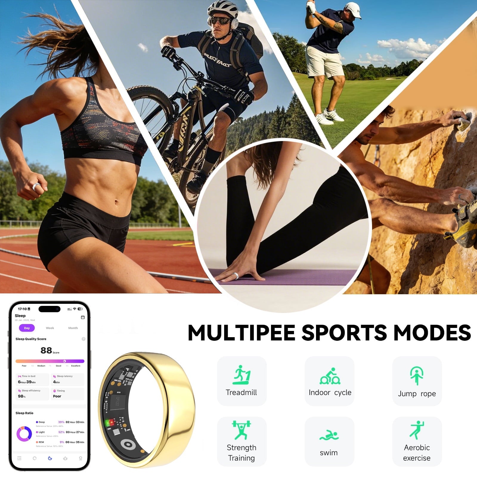&amp; Fitness Tracking Ring, 7-Day Battery, Heart Rate Sleep Monitor, No Subscription, IP68 Waterproof, Stainless Steel - Size 7, Black