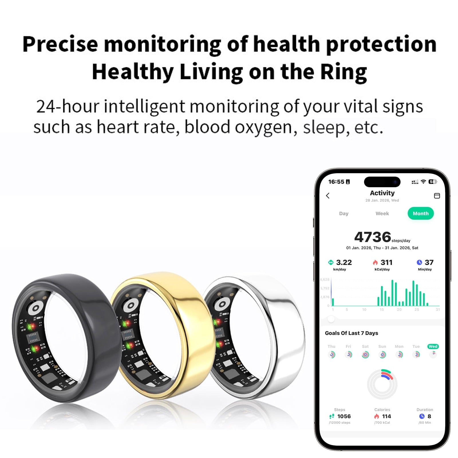 &amp; Fitness Tracking Ring, 7-Day Battery, Heart Rate Sleep Monitor, No Subscription, IP68 Waterproof, Stainless Steel - Size 7, Black