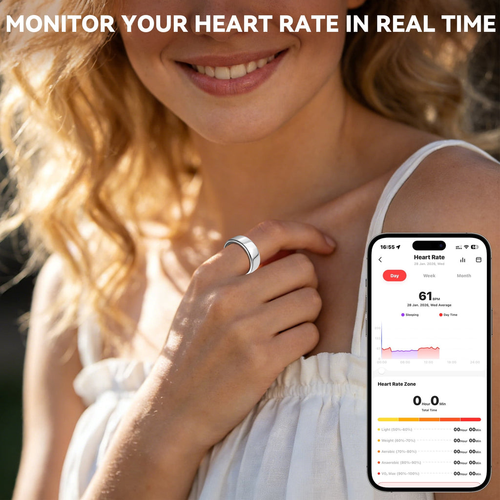 &amp; Fitness Tracking Ring, 7-Day Battery, Heart Rate Sleep Monitor, No Subscription, IP68 Waterproof, Stainless Steel - Size 7, Black