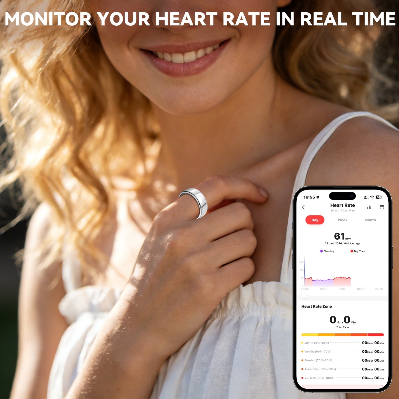 &amp; Fitness Tracking Ring, 7-Day Battery, Heart Rate Sleep Monitor, No Subscription, IP68 Waterproof, Stainless Steel - Size 7, Black