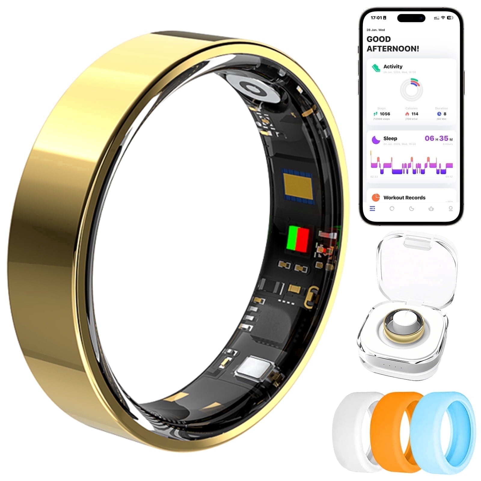 &amp; Fitness Tracking Ring, 7-Day Battery, Heart Rate Sleep Monitor, No Subscription, IP68 Waterproof, Stainless Steel - Size 7, Black