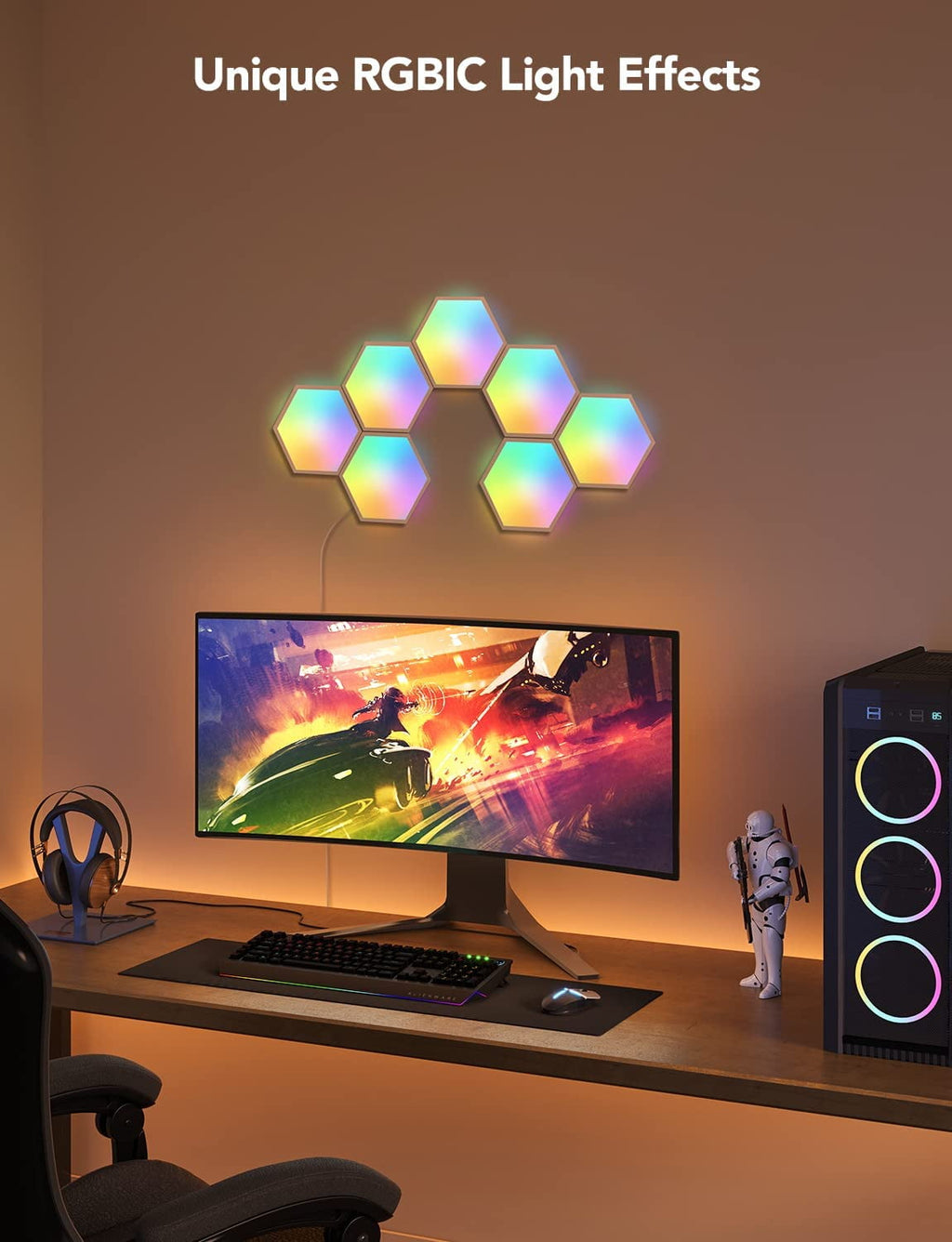 Glide Hexa White Transparent Shell Dimmable LED Wall Lights For Gaming, Support Alexa, Google Assistant And Home App,Bedroom Decor,7 Count