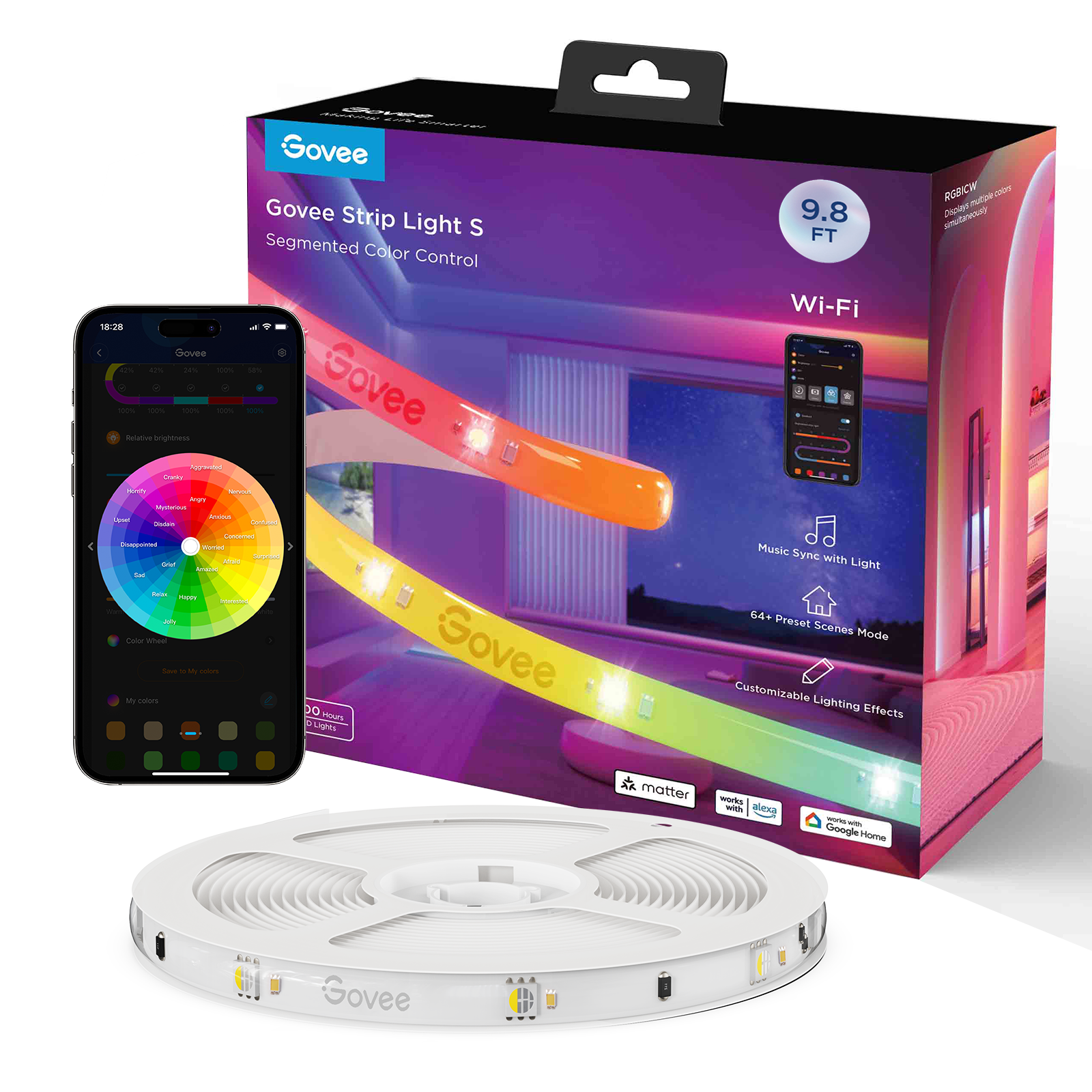 RGBICW Wi-Fi LED Strip Light, 9.8ft, Smart App Control, Multicolor for Bedroom &amp; TV Backlight
