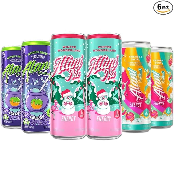 New Alani Energy Drinks Witches Brew, Winter Wonderland, Sherbet Swirl Variety Pack Sugar-Free, Low-Calorie, Energy Boost Drink 12 fl oz (Pack of 6) Repackaged By * Repackaged By *