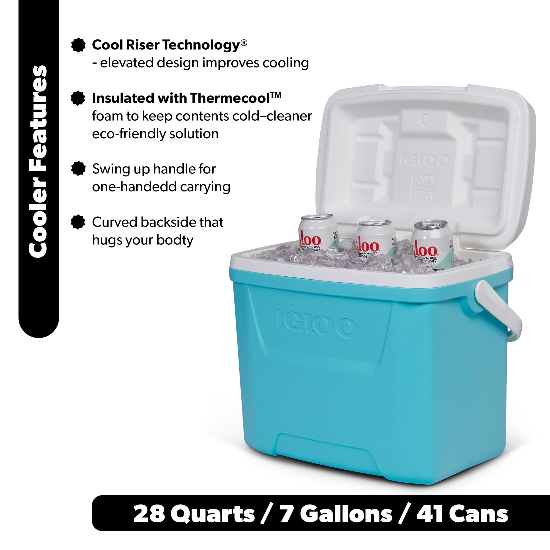 28 QT Laguna Hard-Sided Ice Chest Cooler, Aqua Blue and White