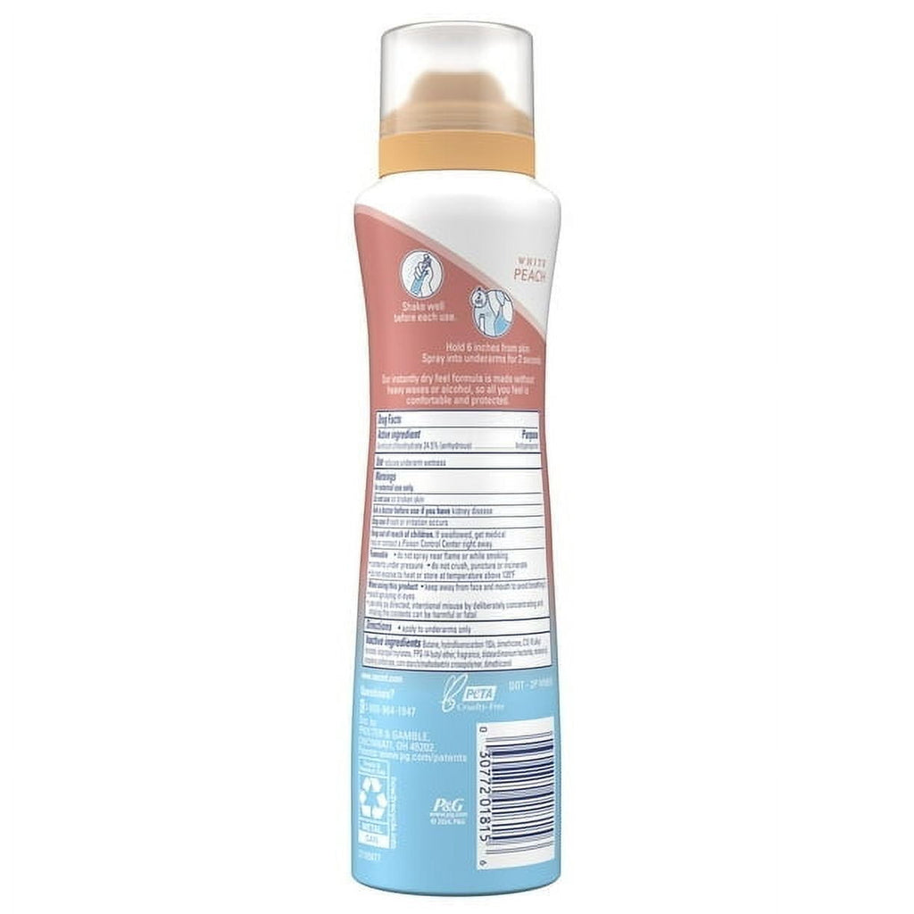 Dry Spray Antiperspirant Deodorant, White Peach and Argan Oil, 4.1oz. (4 Pack)