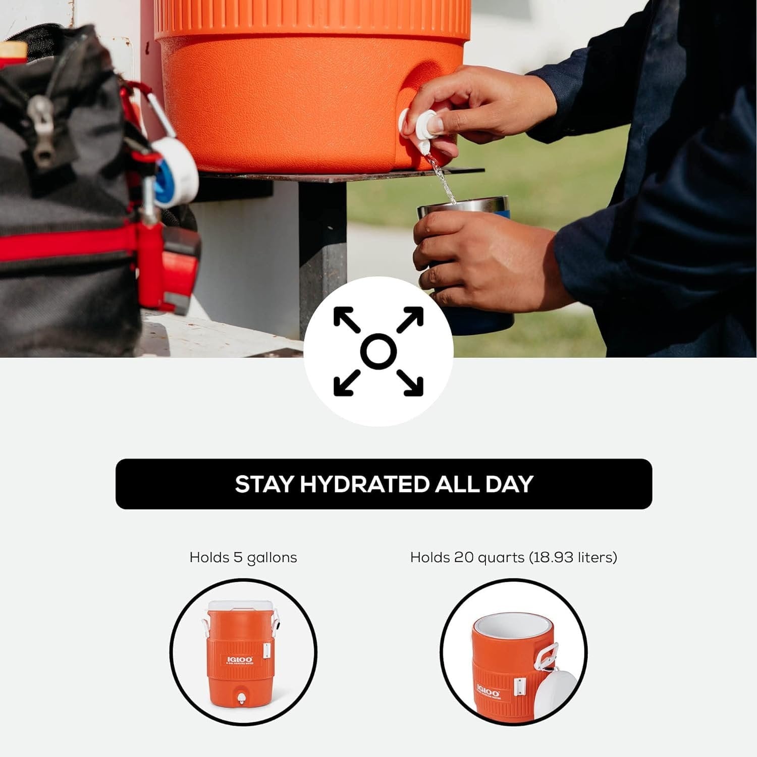 5 Gallon Portable Sports Cooler Water Beverage Dispenser with Flat Seat Lid, Bright Orange