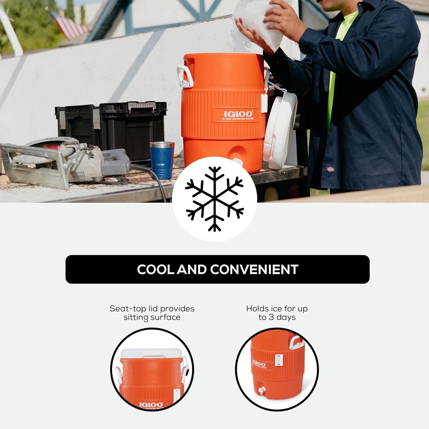 5 Gallon Portable Sports Cooler Water Beverage Dispenser with Flat Seat Lid, Bright Orange