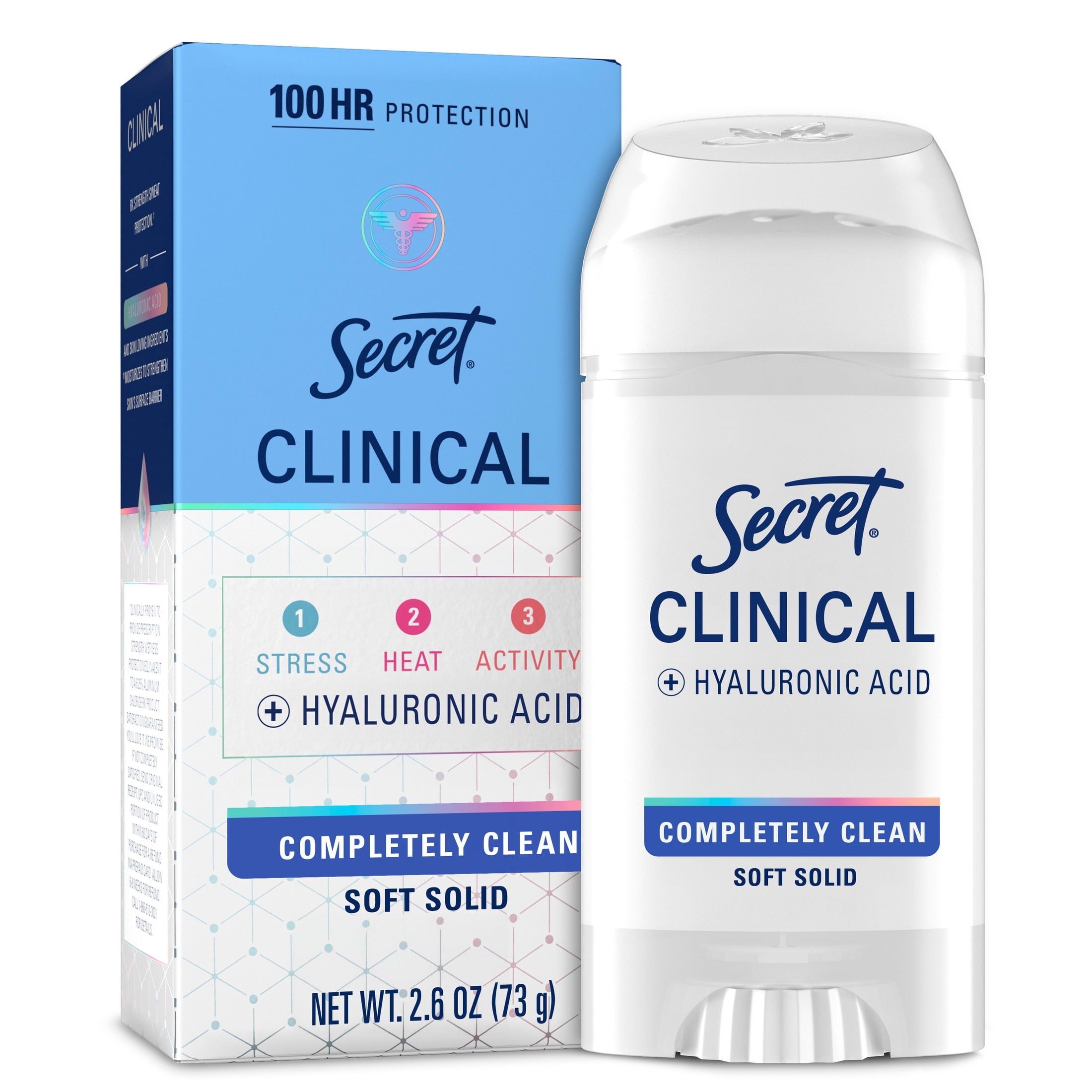 Clinical Antiperspirant Deodorant for Women, 100HR Sweat &amp; Odor Protection, Hyaluronic Acid, Soft Solid, Completely Clean, 2.6 oz