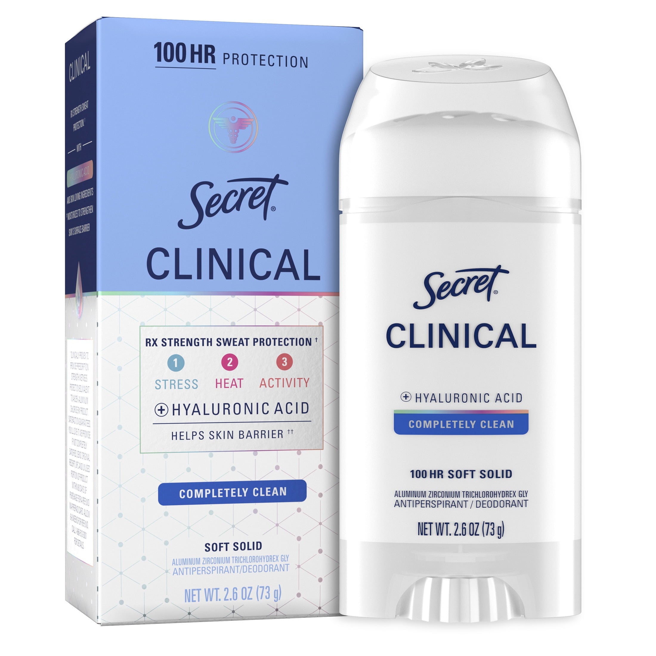 Clinical Antiperspirant Deodorant for Women, 100HR Sweat &amp; Odor Protection, Hyaluronic Acid, Soft Solid, Completely Clean, 2.6 oz