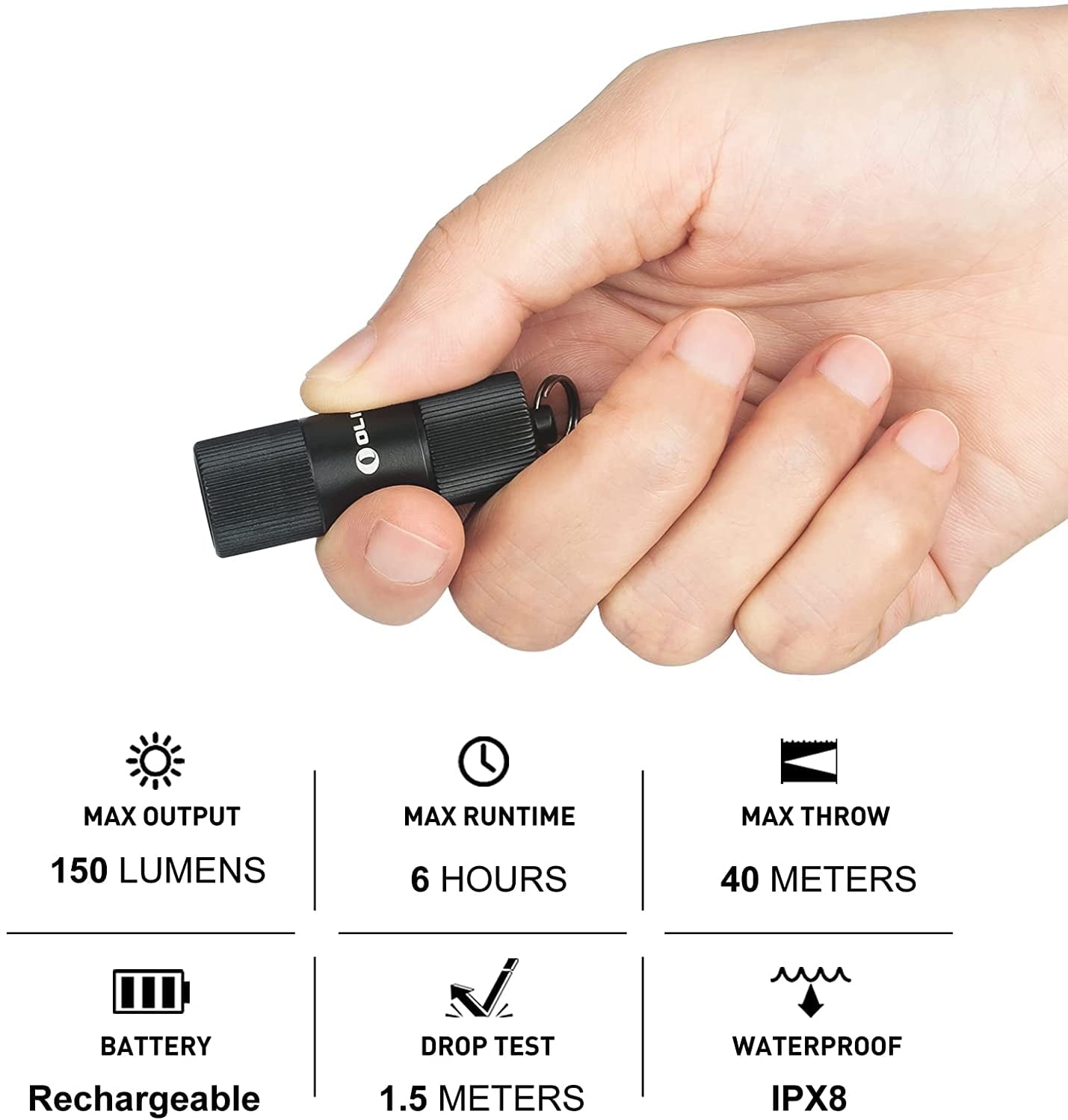 i1R 2 EOS 150 Lumens Tiny Rechargeable Keychain Flashlight EDC Mini LED Keyring Light with Built-in Battery for Camping Hiking Dog Walking etc (Black)