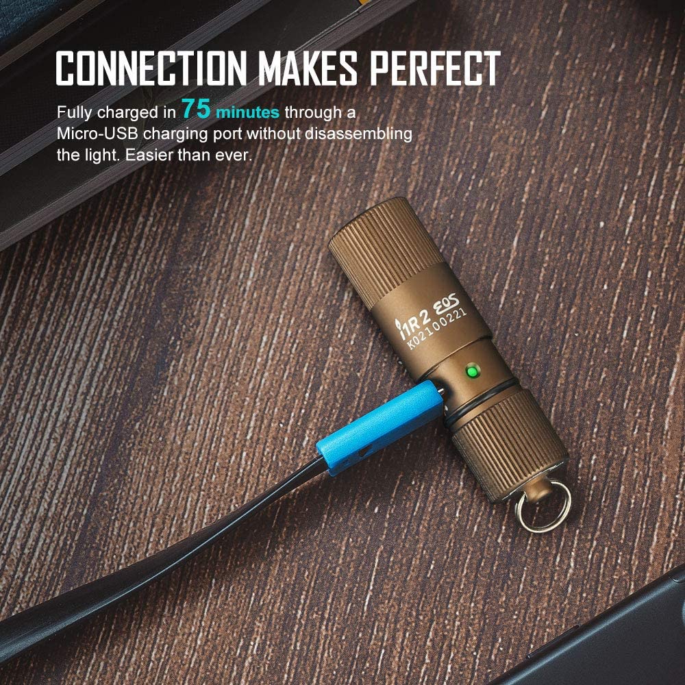 i1R 2 EOS 150 Lumens Tiny Rechargeable Keychain Flashlight EDC Mini LED Keyring Light with Built-in Battery for Camping Hiking Dog Walking etc (Black)