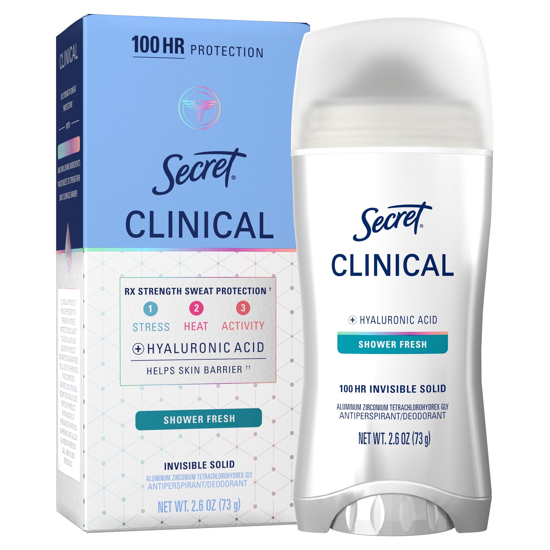 Secret Clinical Antiperspirant Deodorant for Women, 100HR Sweat &amp; Odor Protection, Hyaluronic Acid, Invisible Solid, Shower Fresh, 2.6 oz