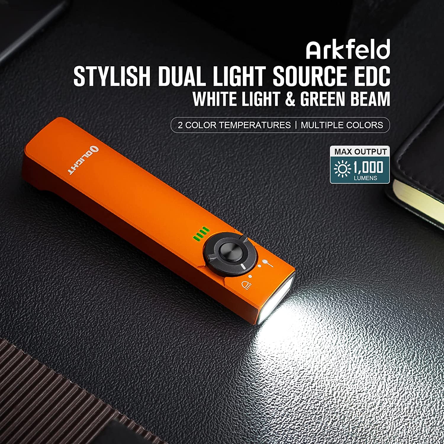 Arkfeld EDC Flat Flashlight, 1000 Lumens LED Light with Green Beam, Rechargeable Battery, Orange