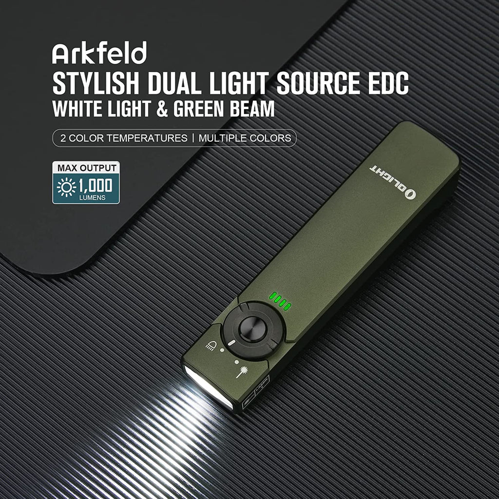 Arkfeld EDC Flat Flashlight, 1000 Lumens LED Light with Green Beam, Rechargeable Battery, Orange