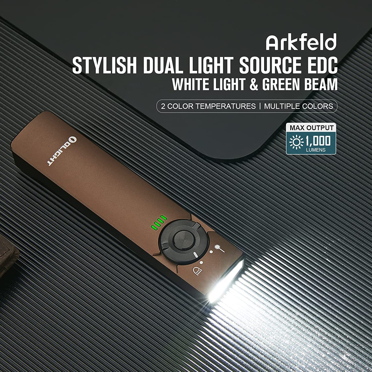 Arkfeld EDC Flat Flashlight, 1000 Lumens LED Light with Green Beam, Rechargeable Battery, Orange