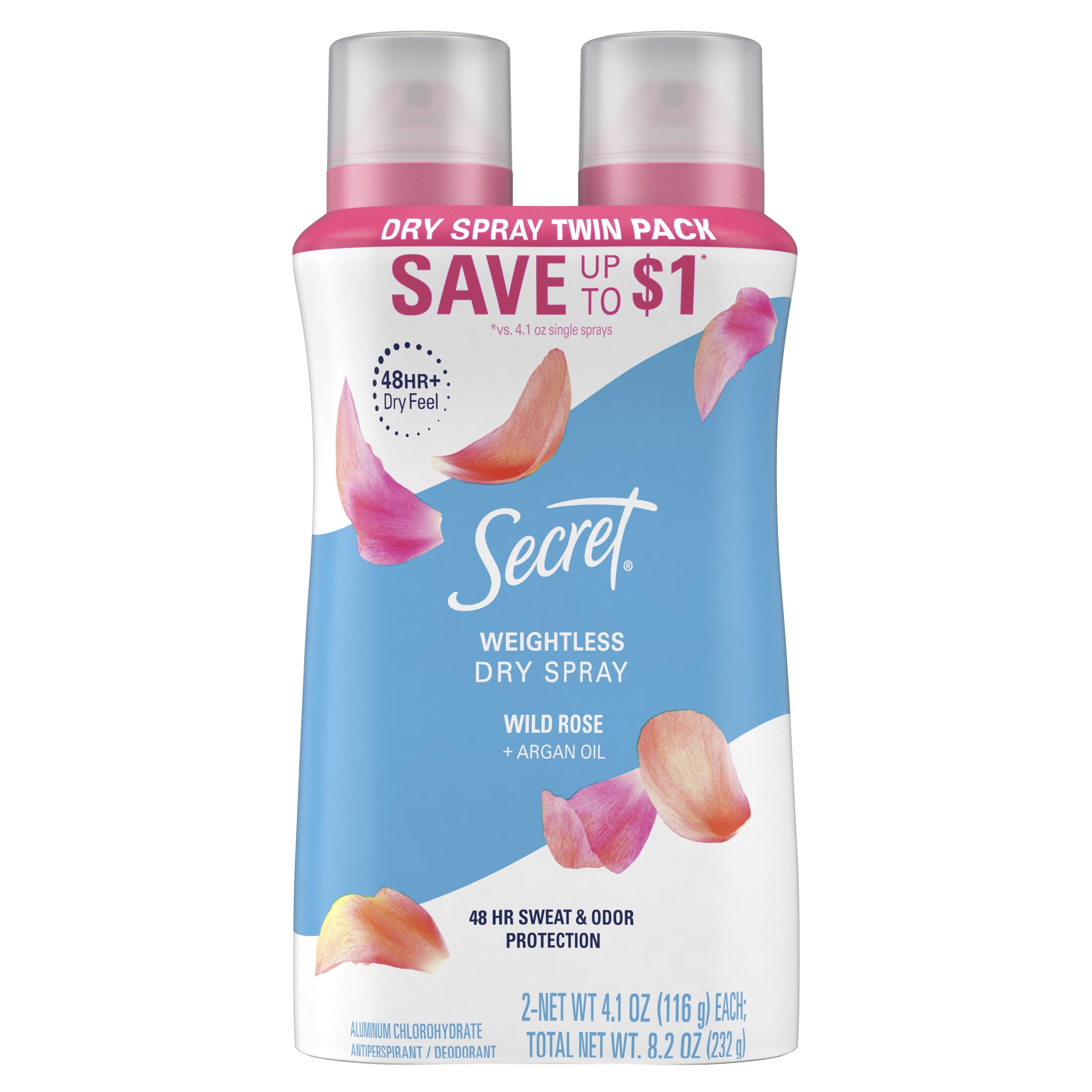 Dry Spray Antiperspirant Deodorant, Wild Rose and Argan Oil, 4.1oz, Pack of 2