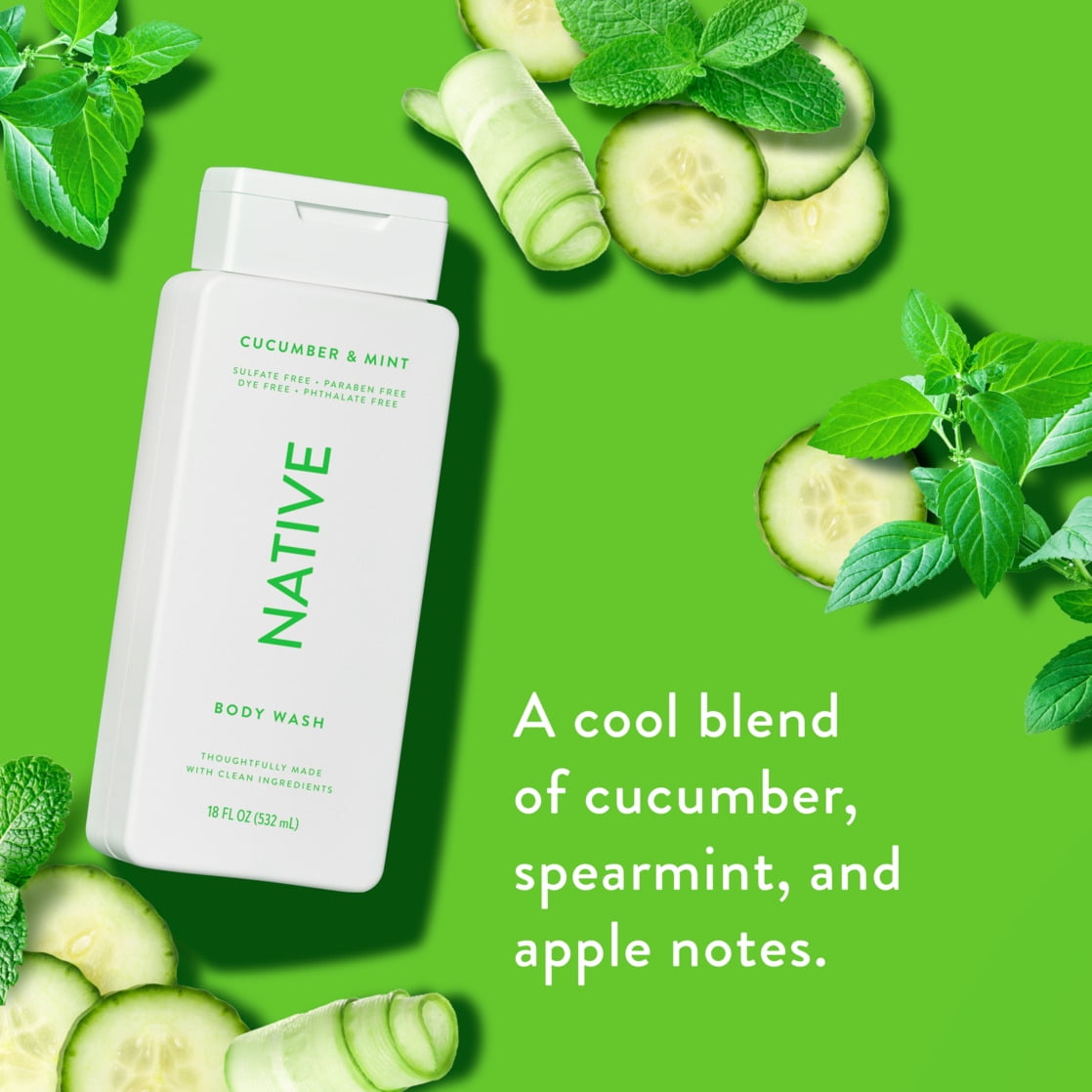 Body Wash, Cucumber &amp; Mint, Sulfate Free, Naturally Derived Ingredients, 24hr Freshness, for Women &amp; Men, 18 fl oz