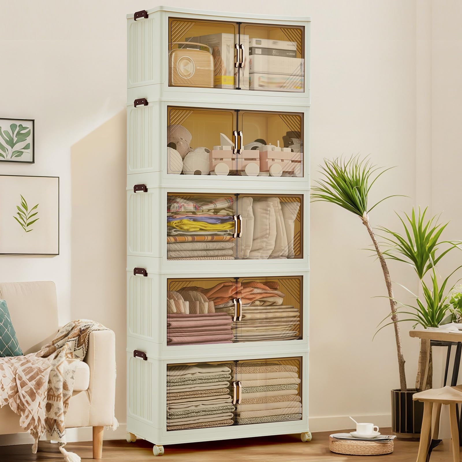 3 Tier Plastic Storage Bins with Lid 48QT, Storage Containers with Wheels, Folding Storage Boxes, with Magnetic Doors for Home,Office, Dorm Room