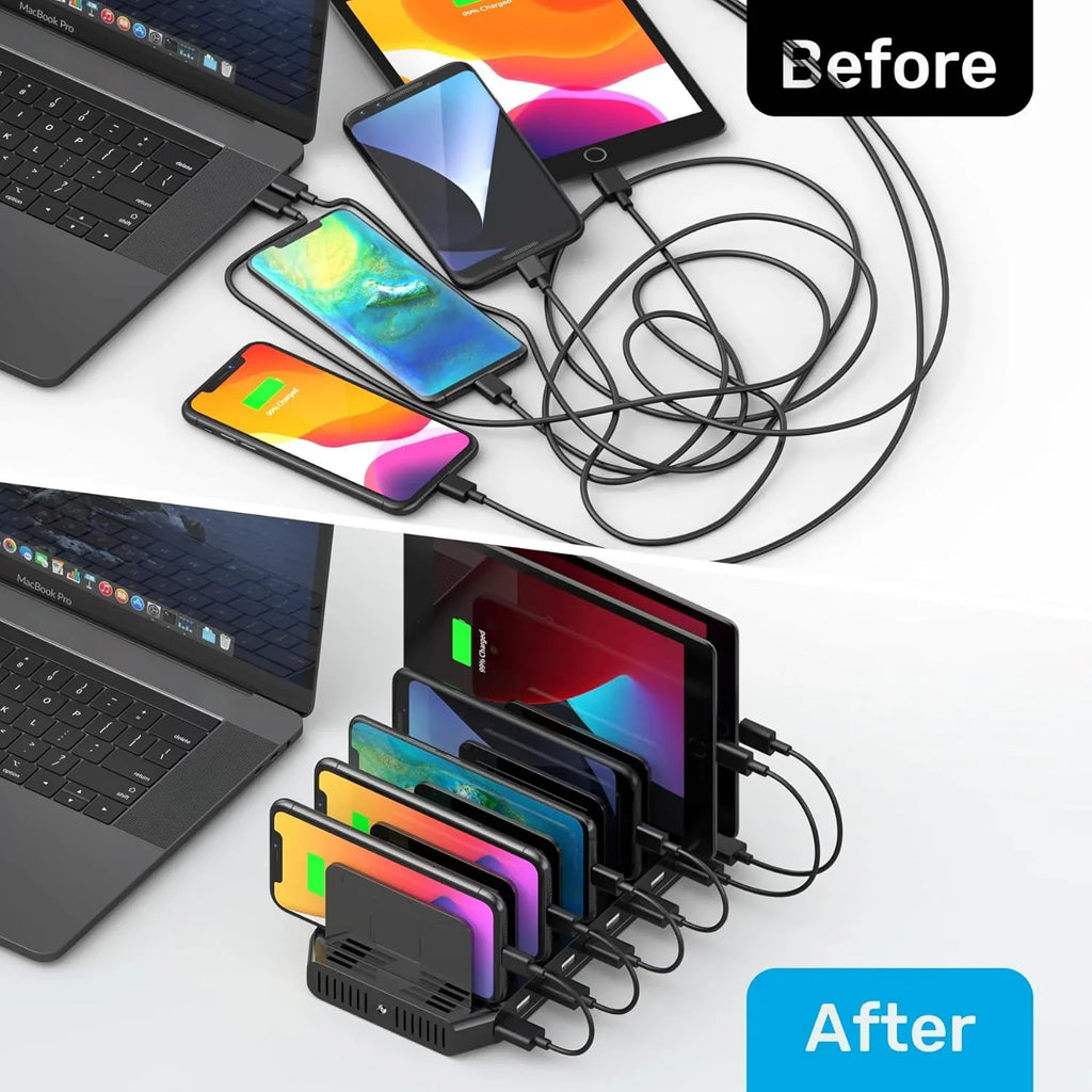 A charging interface station with 10 USB fast charging ports and adjustable partitions, suitable for charging multiple devices such as iPads, iPhones, tablets and mobile phones - 5-piece set, black