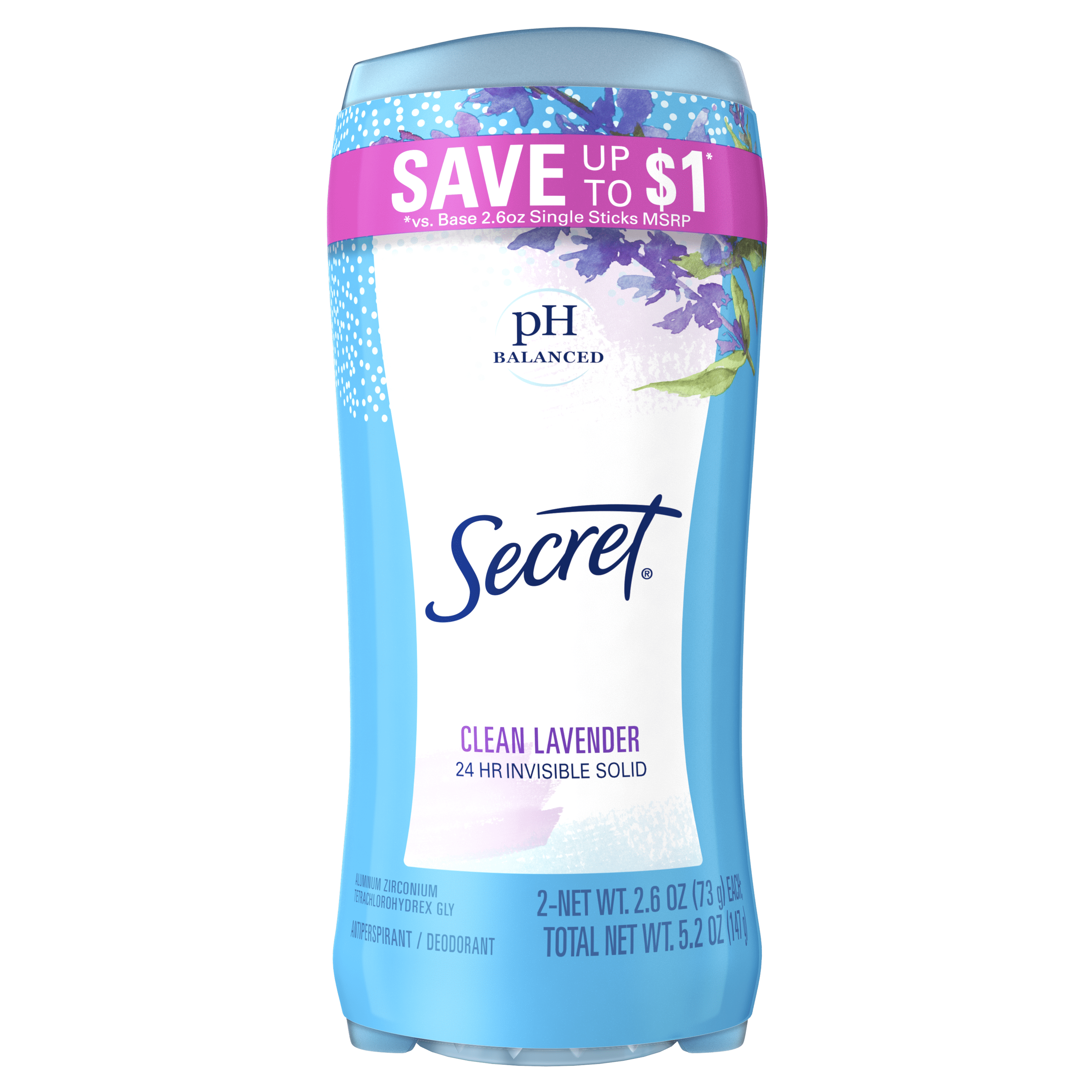 Invisible Solid Antiperspirant and Deodorant, Clean Lavender Scent, Twin Pack, 2.6 oz