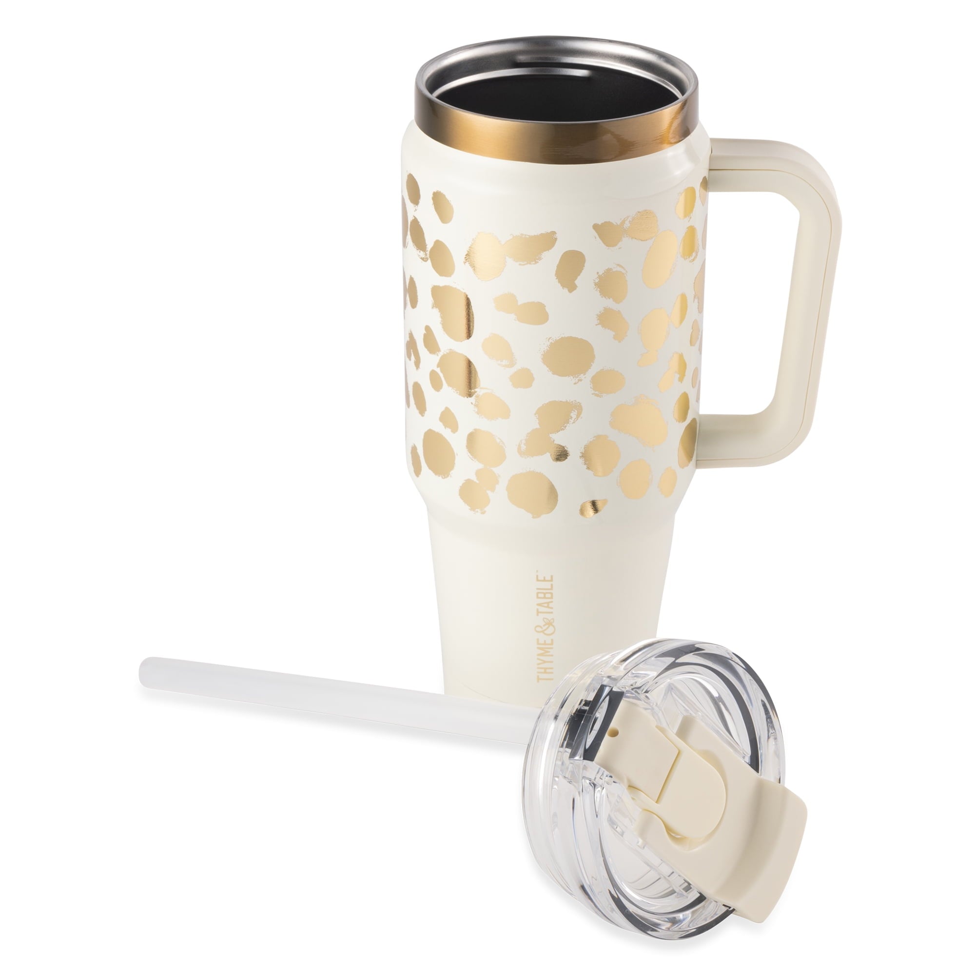 Thyme &amp; Table 32 fl oz Stainless Steel Luna Tumbler with Handle and Dual Straw Lid, Cream &amp; Black Check