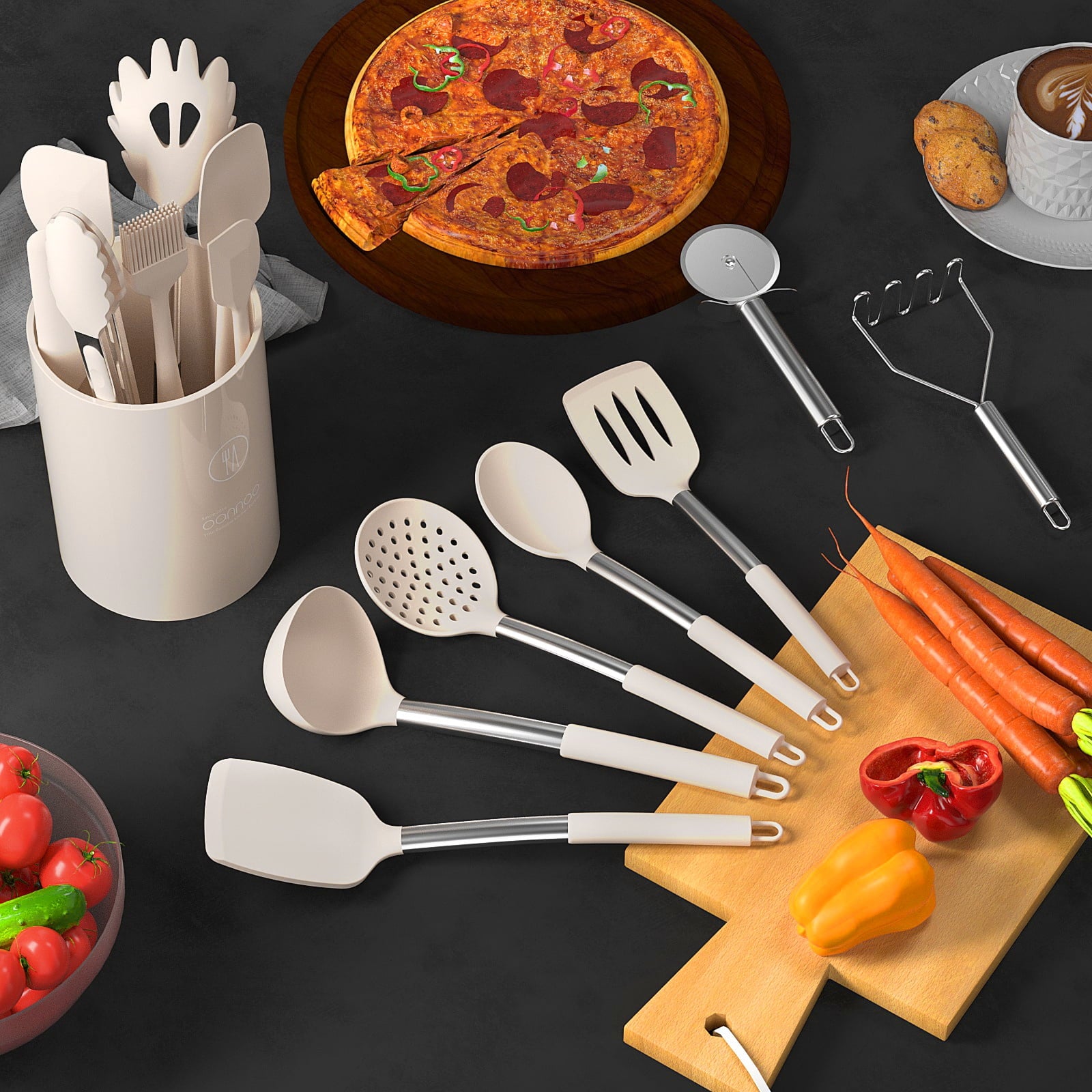 Silicone Cooking Utensils Set - Silicone Kitchen Utensils for Cooking, Kitchen Utensil Spatula Set,BPA FREE Kitchen Gadgets Tools for Non-Stick Cookware (Khaki)