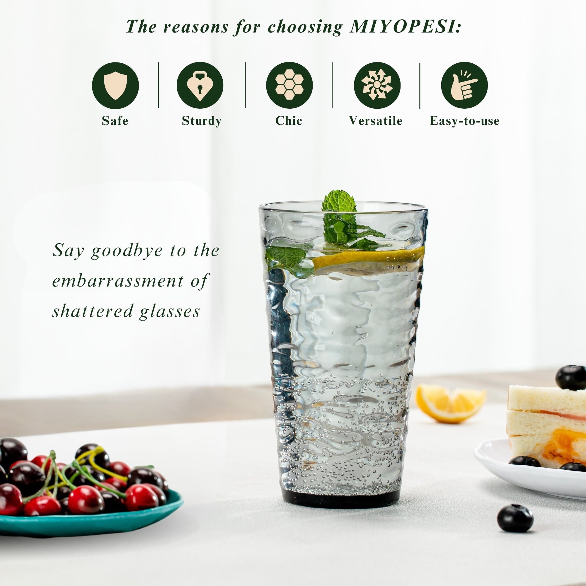 20oz Gray Acrylic Glasses Drinkware (Set of 6), Water-Ripple Shatter-Proof Plastic Tumblers